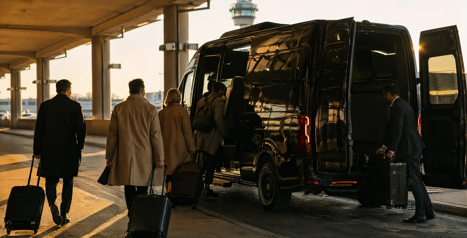 Small group of business travellers in coats walking toward an open black Mercedes-Benz Sprinter van at a terminal kerb at golden hour, one chauffeur assisting with a rolling suitcase near the rear door