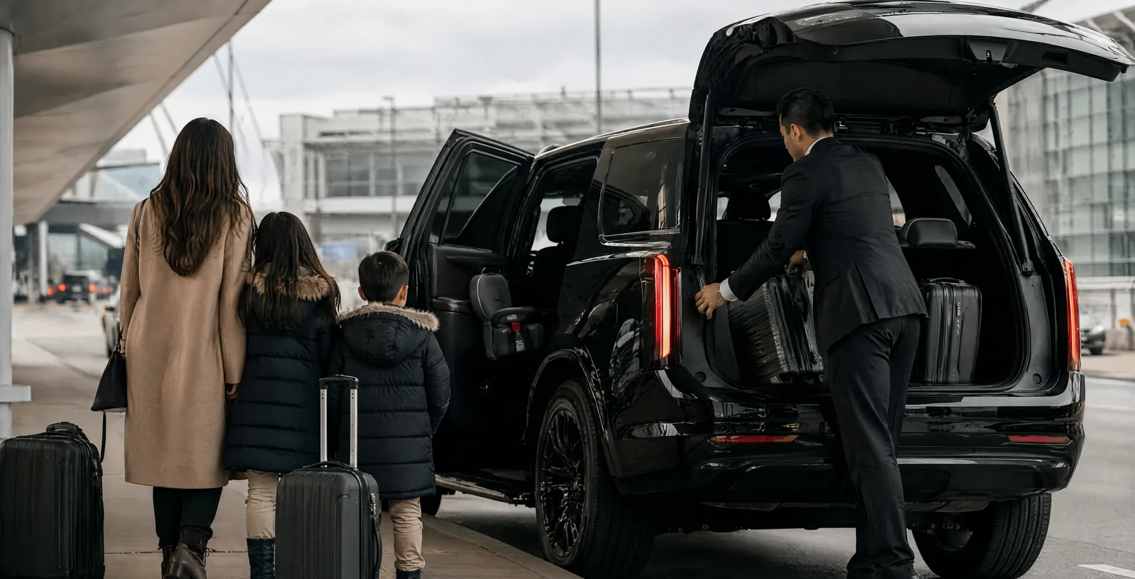 Family of 4 with matching hard-shell luggage standing beside a black Cadillac Escalade ESV at an airport departures curb, chauffeur loading suitcases into the open rear cargo area on an overcast morning