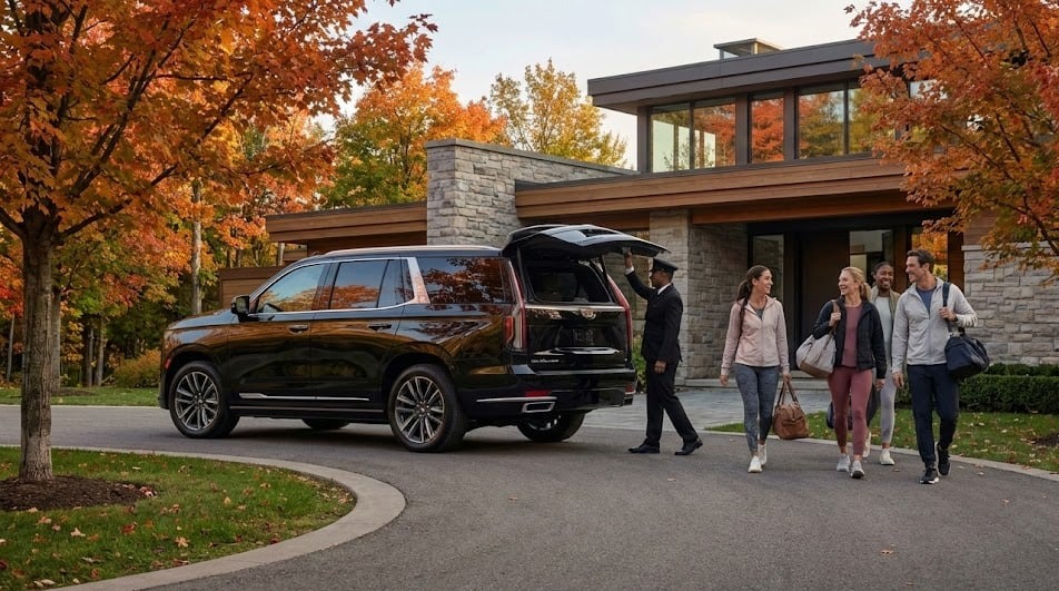 Black Cadillac Escalade arriving at a stone-and-timber lodge in autumn, chauffeur loading bags