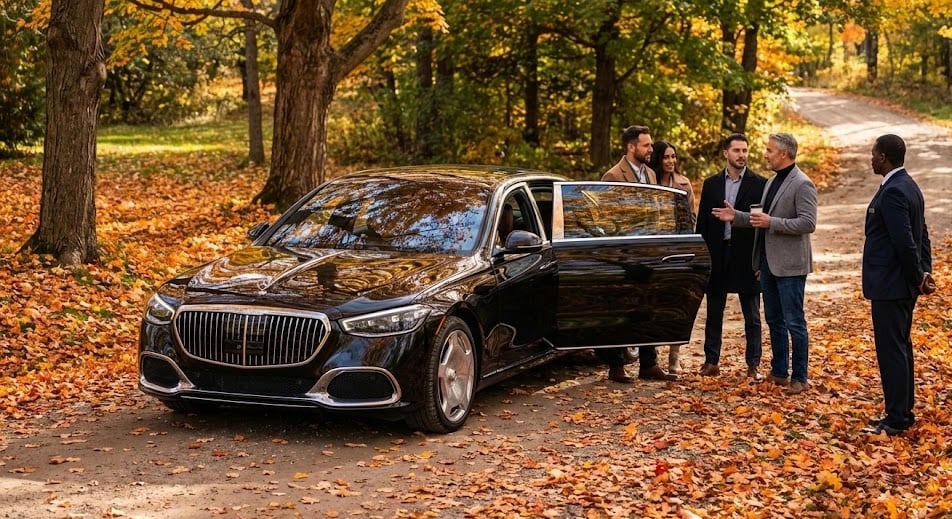 Mercedes-Maybach sedan parked on a tree-lined lane at Hockley Valley in Mono Ontario, autumn leaves