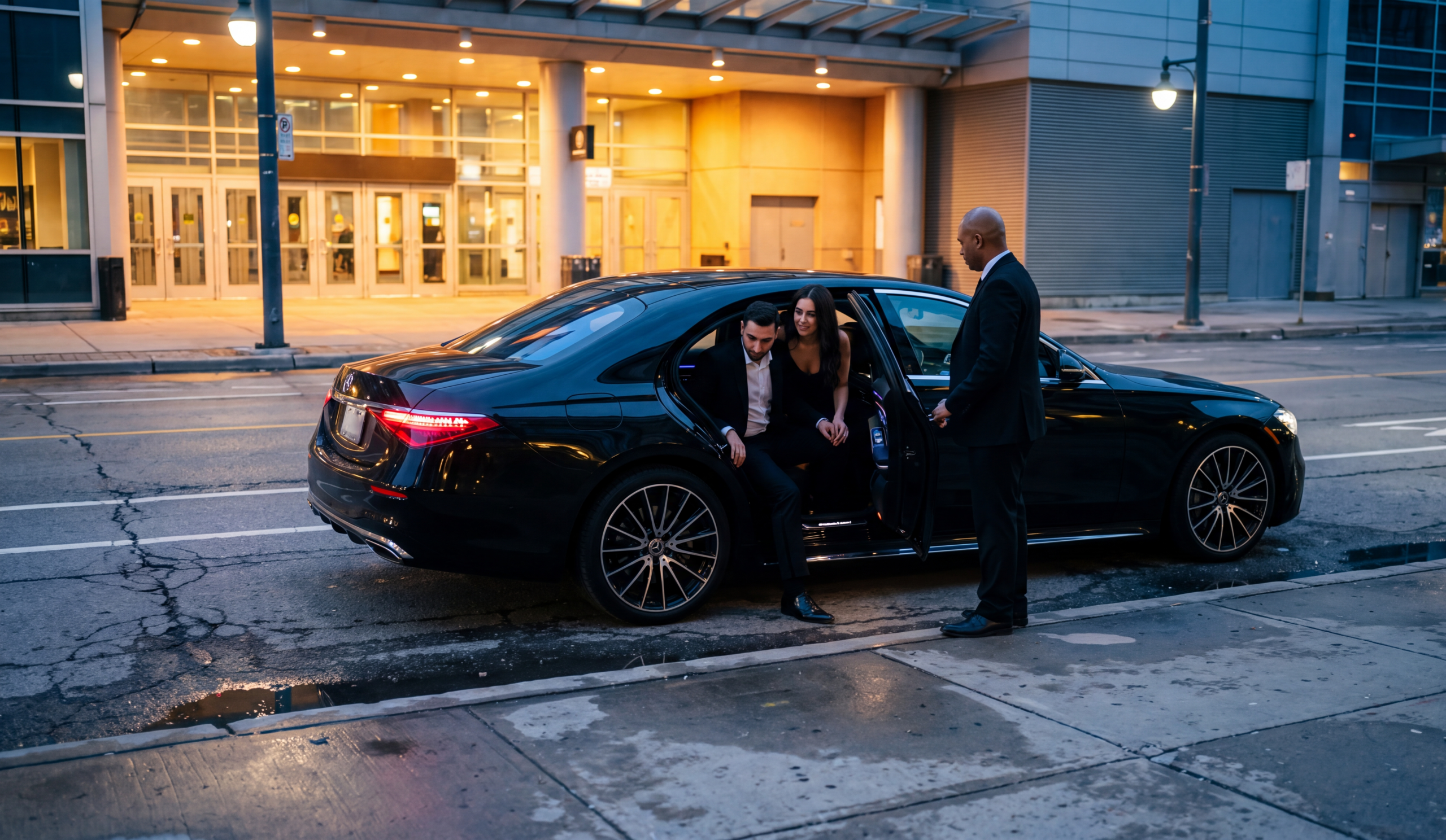 Black Mercedes-Benz S-Class sedan at the stadium drop-off kerb on concert night, chauffeur holding the rear door for a couple