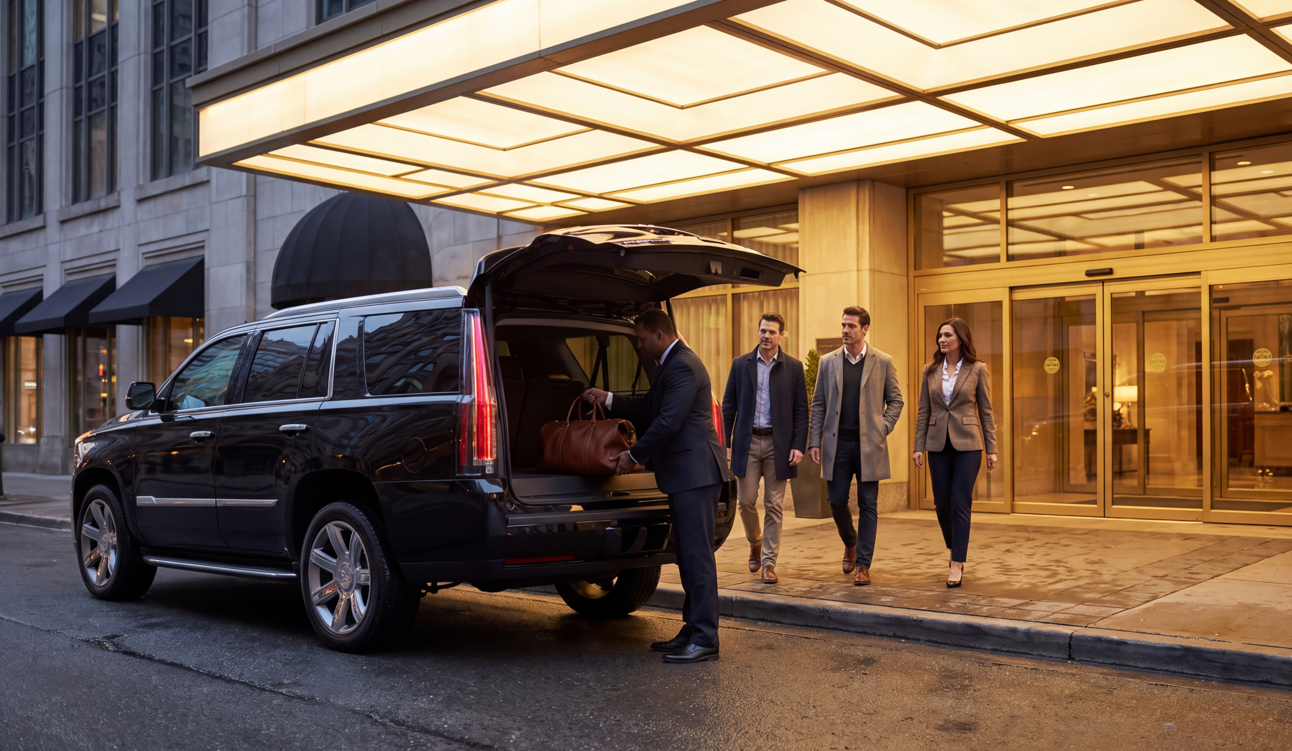 Chauffeur loading luggage at a clearly marked hotel pickup point