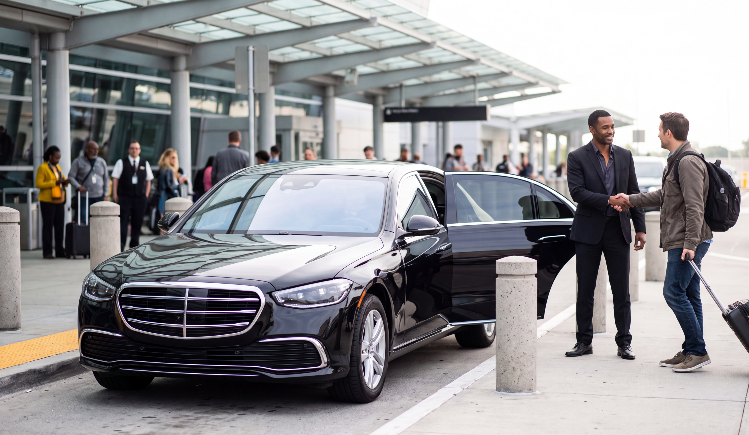 Chauffeuropolis chauffeur holding the rear door of a black car at the kerb for an arriving passenger, consulate appointment