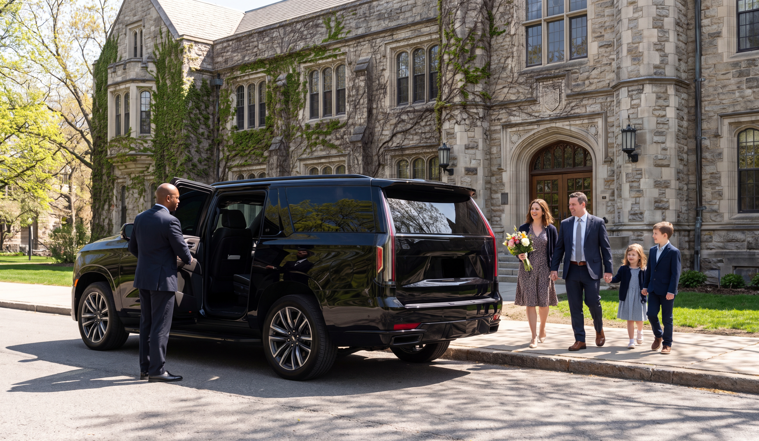 Chauffeuropolis chauffeur holding the rear door of a black car at the kerb for an arriving passenger, hospital lodge family
