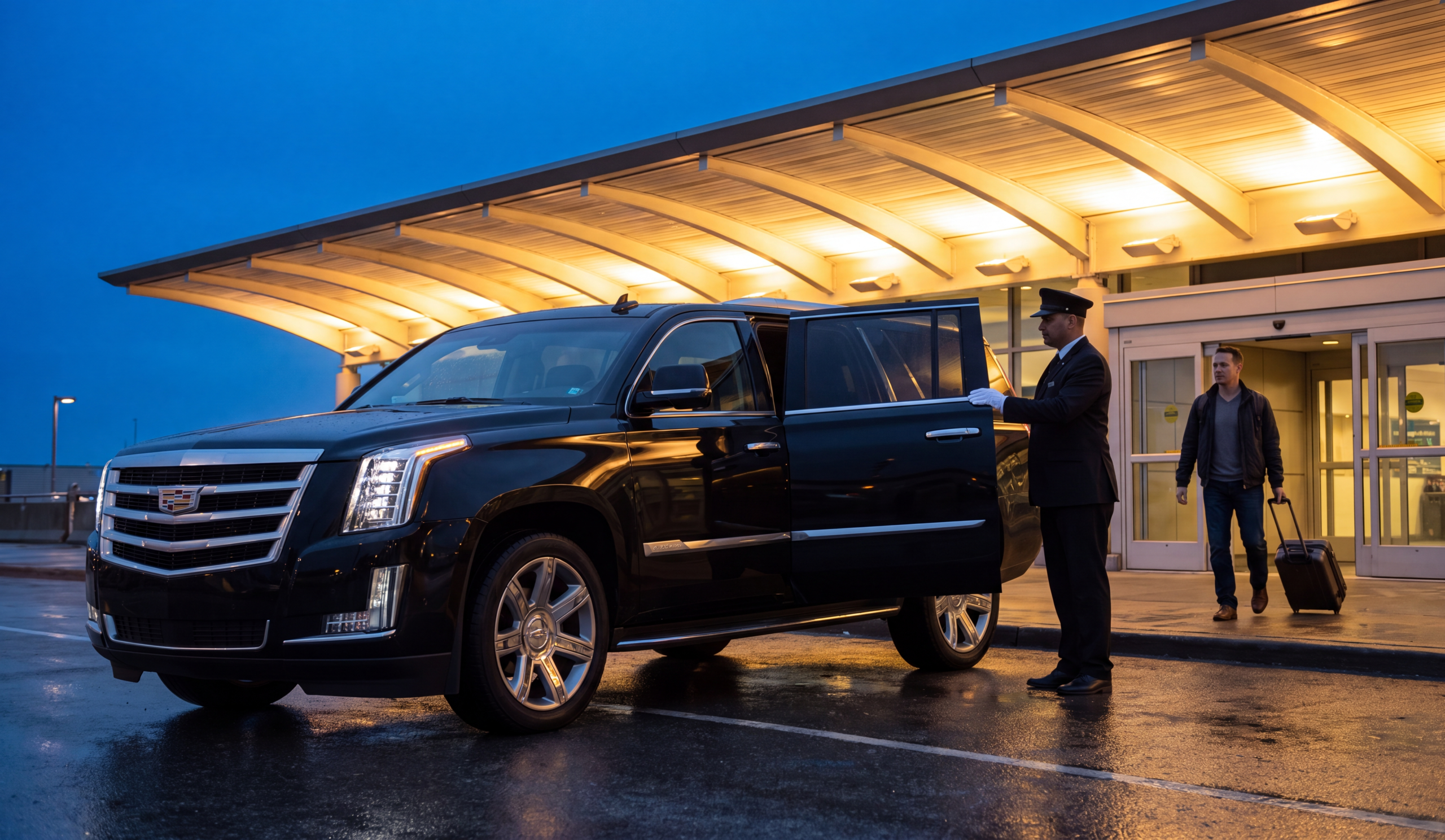 Chauffeuropolis chauffeur holding the rear door of a black car at the kerb for an arriving passenger, completion day return home