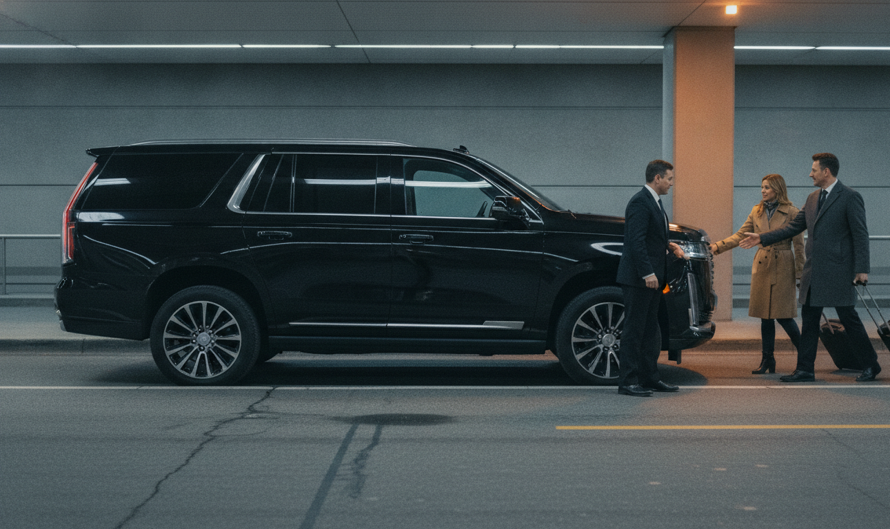 Chauffeuropolis chauffeur holding the rear door of a black car at the kerb for an arriving passenger, pediatric hospital family