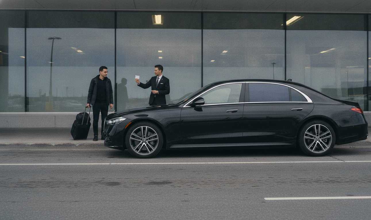 Chauffeuropolis chauffeur holding the rear door of a black car at the kerb for an arriving passenger, downtown office tower kerb