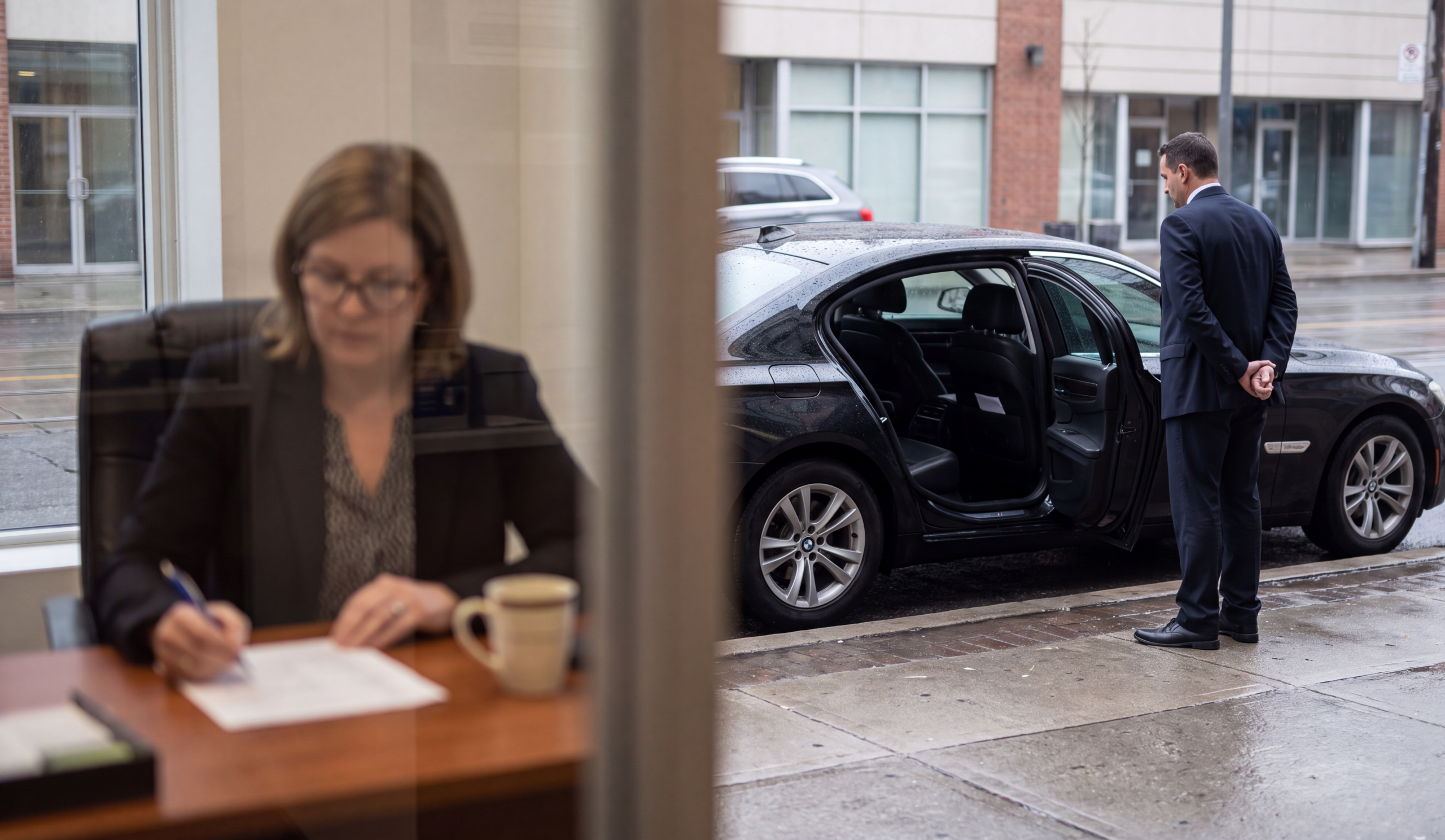 Chauffeuropolis chauffeur holding the door of a black vehicle at the kerb, monthly statement office desk