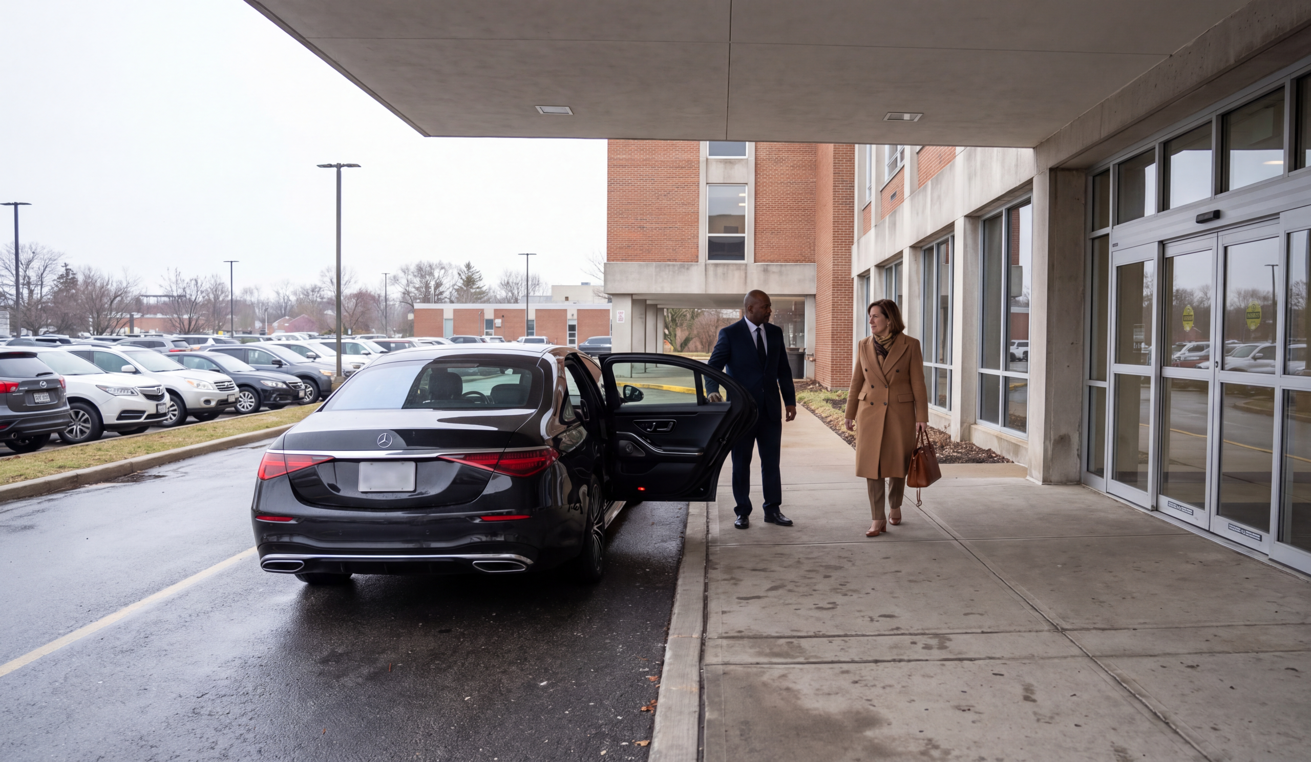 Chauffeuropolis chauffeur holding the rear door of a black car at the kerb for an arriving passenger, veterans centre entrance