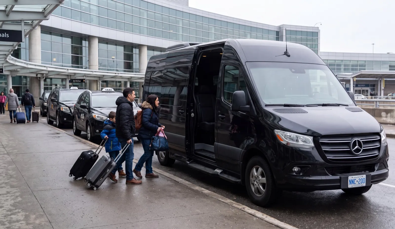 Passengers and suitcases beside a black passenger van at an airport curb