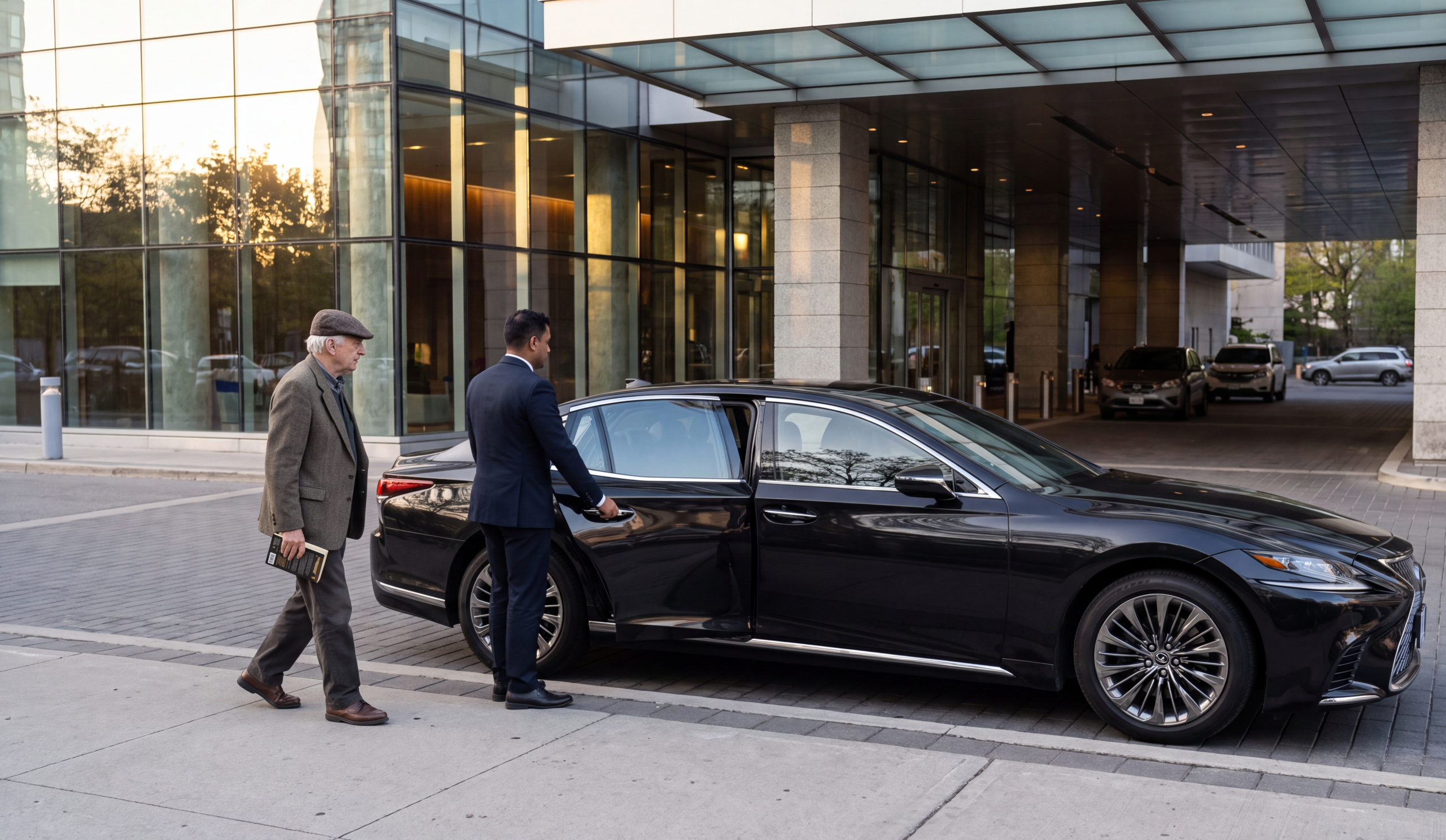Chauffeuropolis chauffeur holding the rear door of a black car at the kerb for an arriving passenger, cancer centre recurring visit