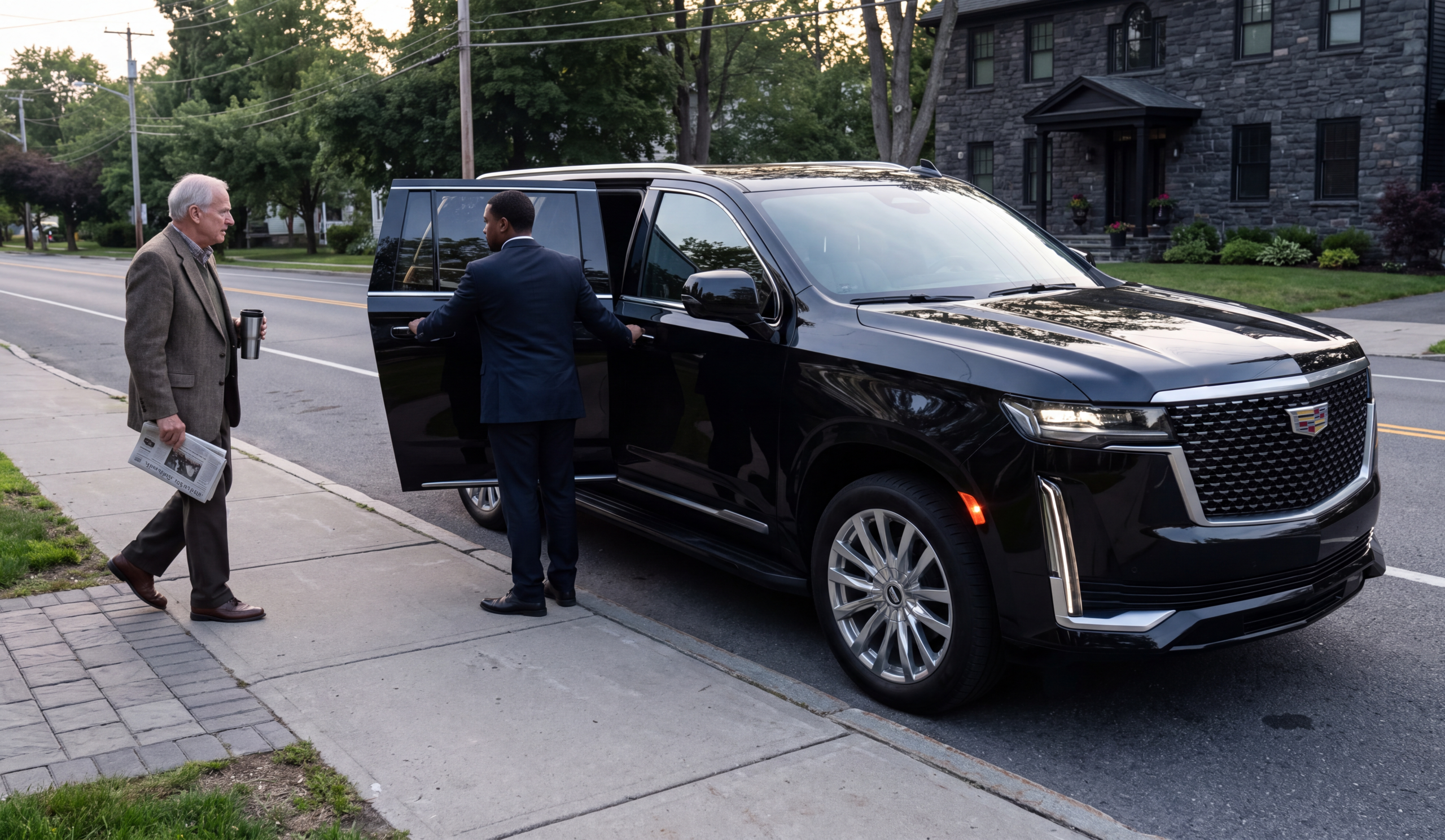 Chauffeuropolis chauffeur holding the rear door of a black car at the kerb for an arriving passenger, long drive highway rear seat