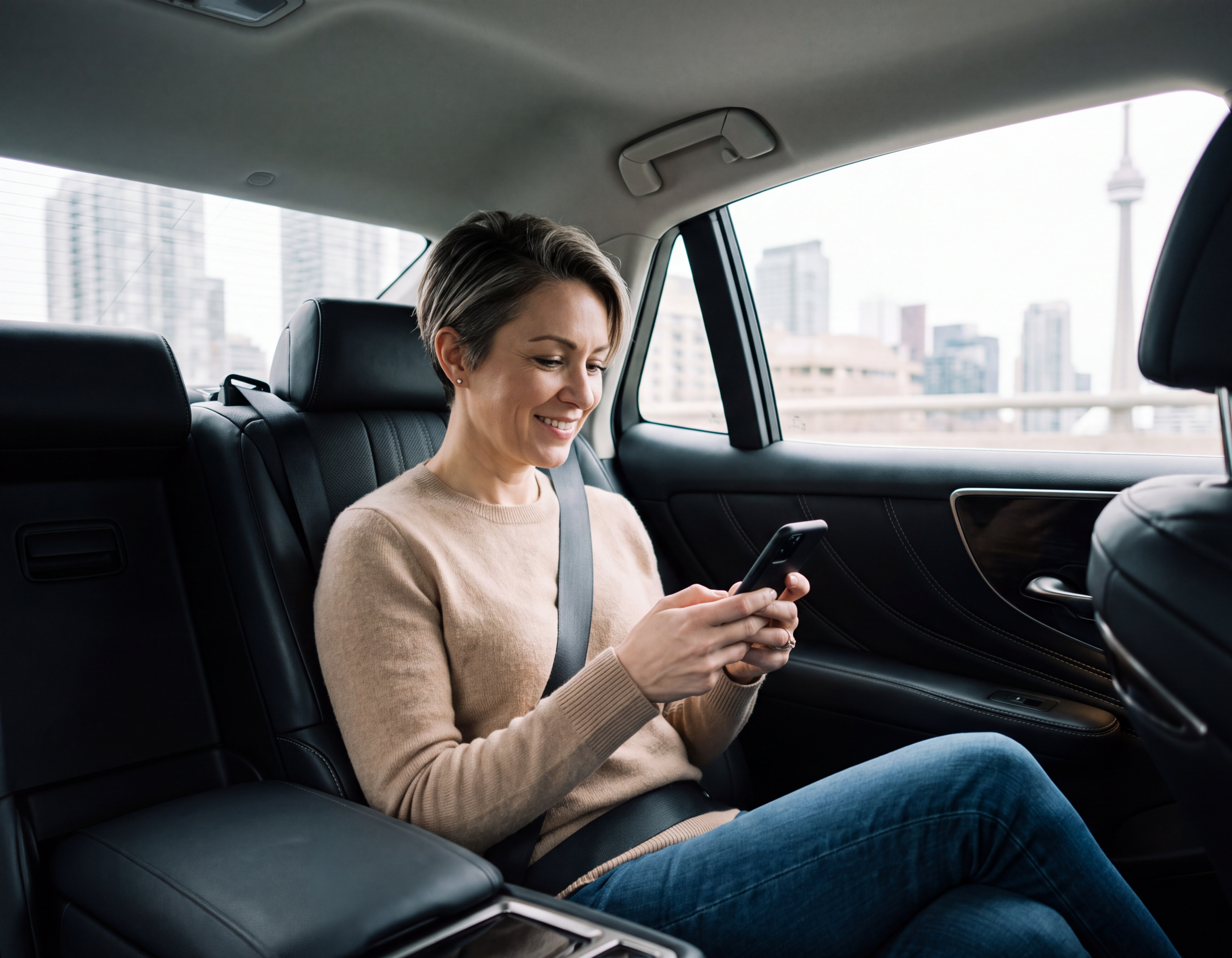 Passenger relaxed in the rear seat of a black sedan reading on her phone during a daytime ride through Toronto