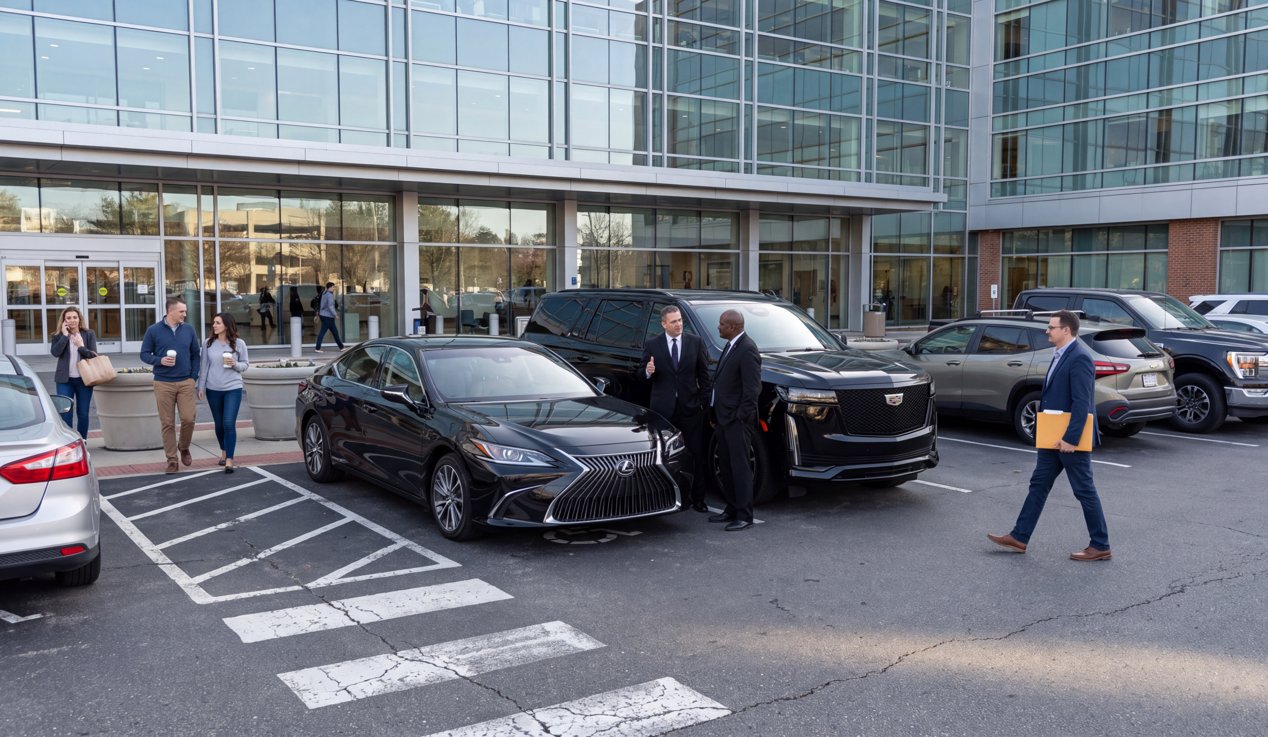 Black Lexus sedan and Cadillac Escalade with two chauffeurs in a busy hospital visitor parking area on a weekday morning