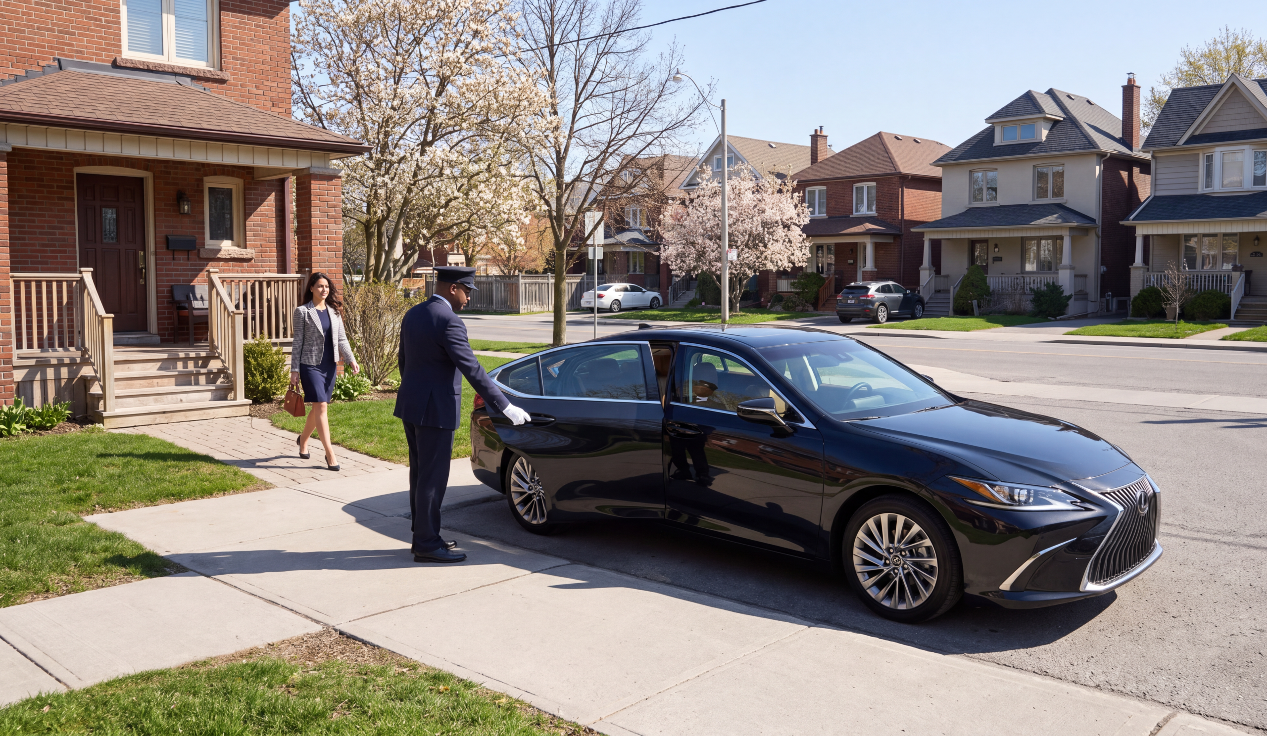 Woman walking from her front door to the rear passenger door of a black Lexus sedan held open by the chauffeur on the sidewalk