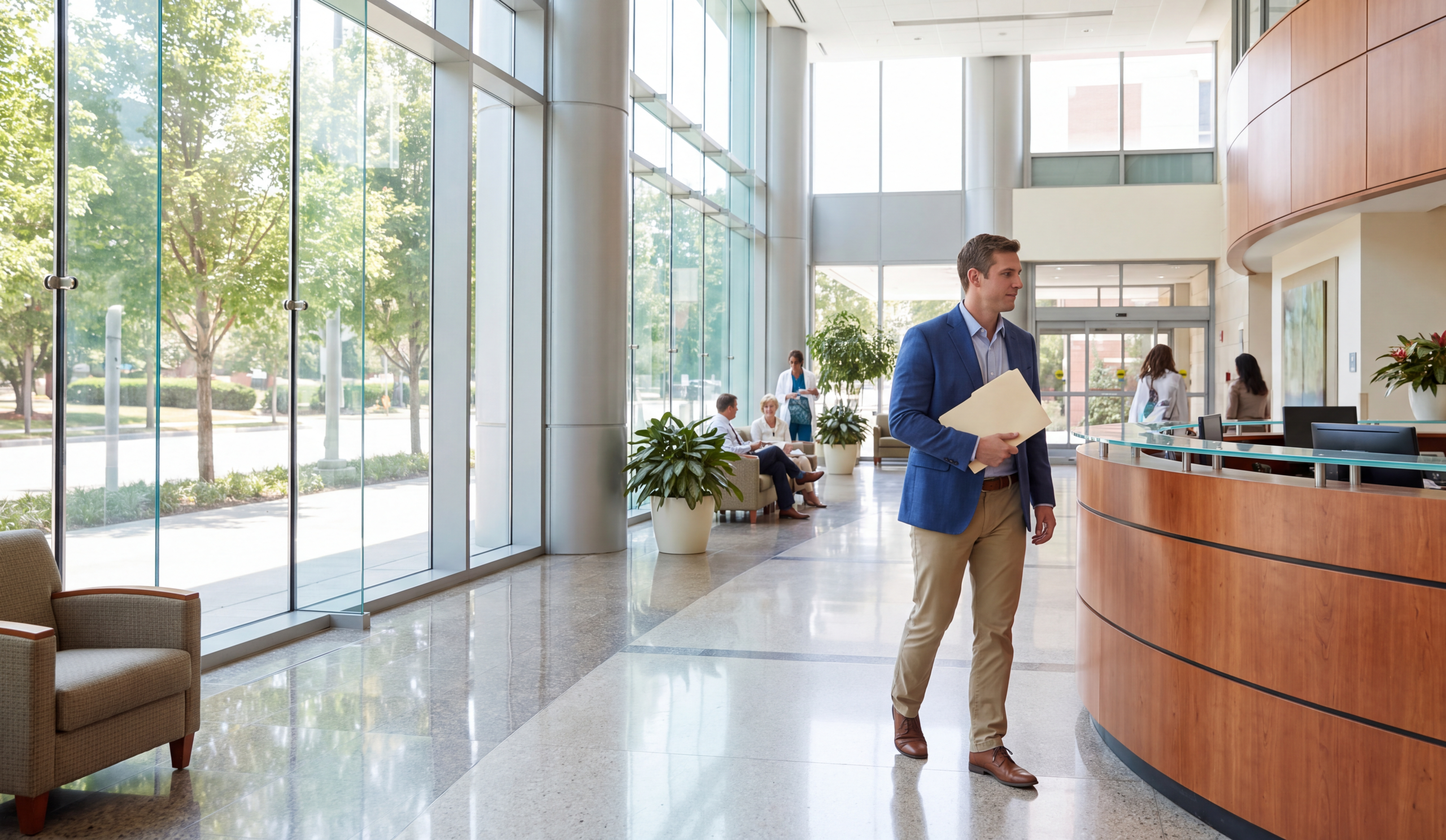 Visitor walking through a bright hospital lobby toward the reception desk