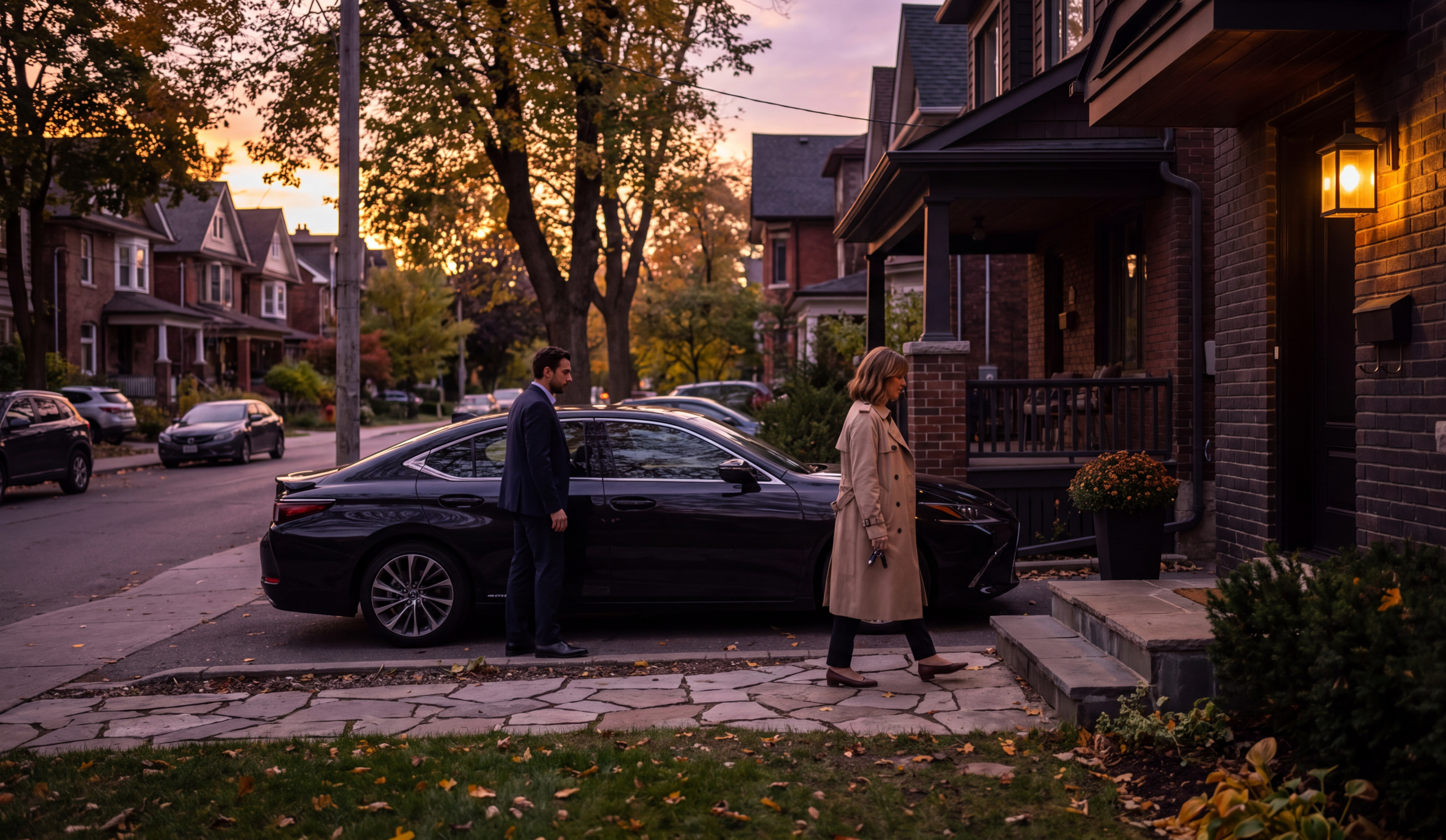 Woman walking from a black sedan up to her front door at dusk with the porch light on and the chauffeur beside the car