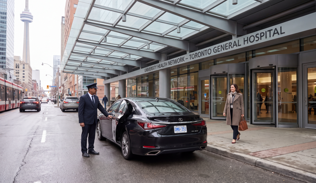 RM Locations 55 Black Lexus sedan at a hospital main entrance in Toronto with the chauffeur holding the rear door for a passenger stepping out