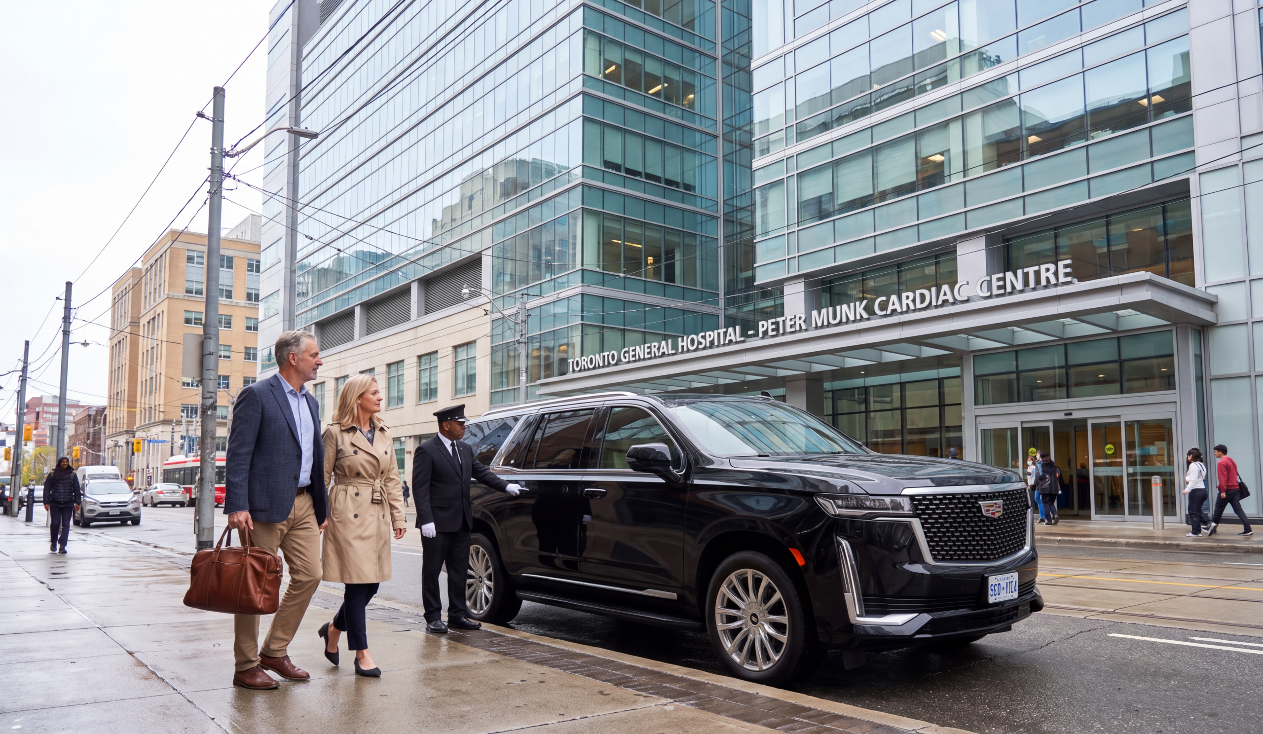 Couple stepping out of a black Cadillac Escalade at the kerb outside a modern specialist hospital tower in downtown Toronto