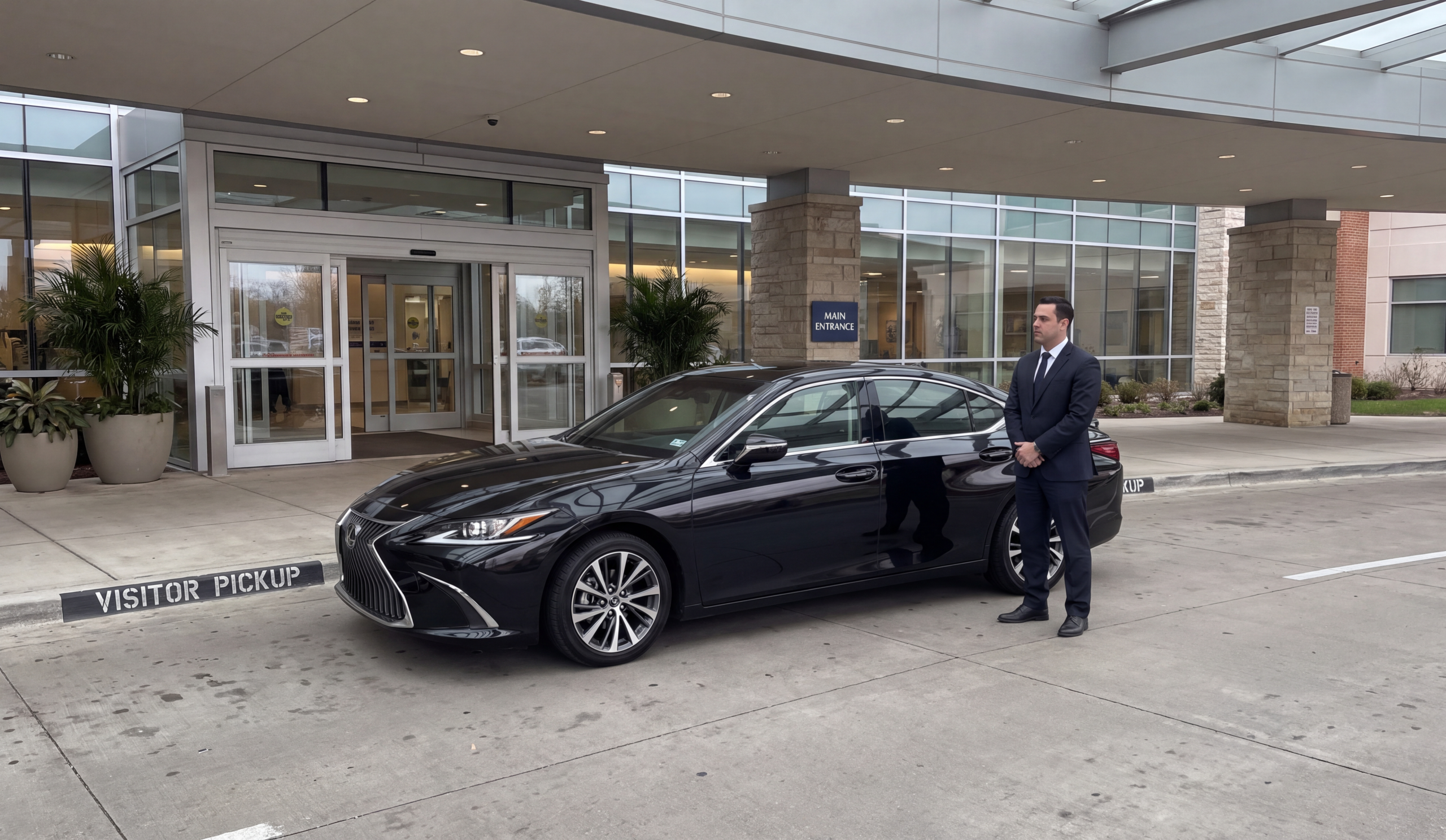 Chauffeur waiting calmly beside a black Lexus sedan in a hospital entrance pickup loop