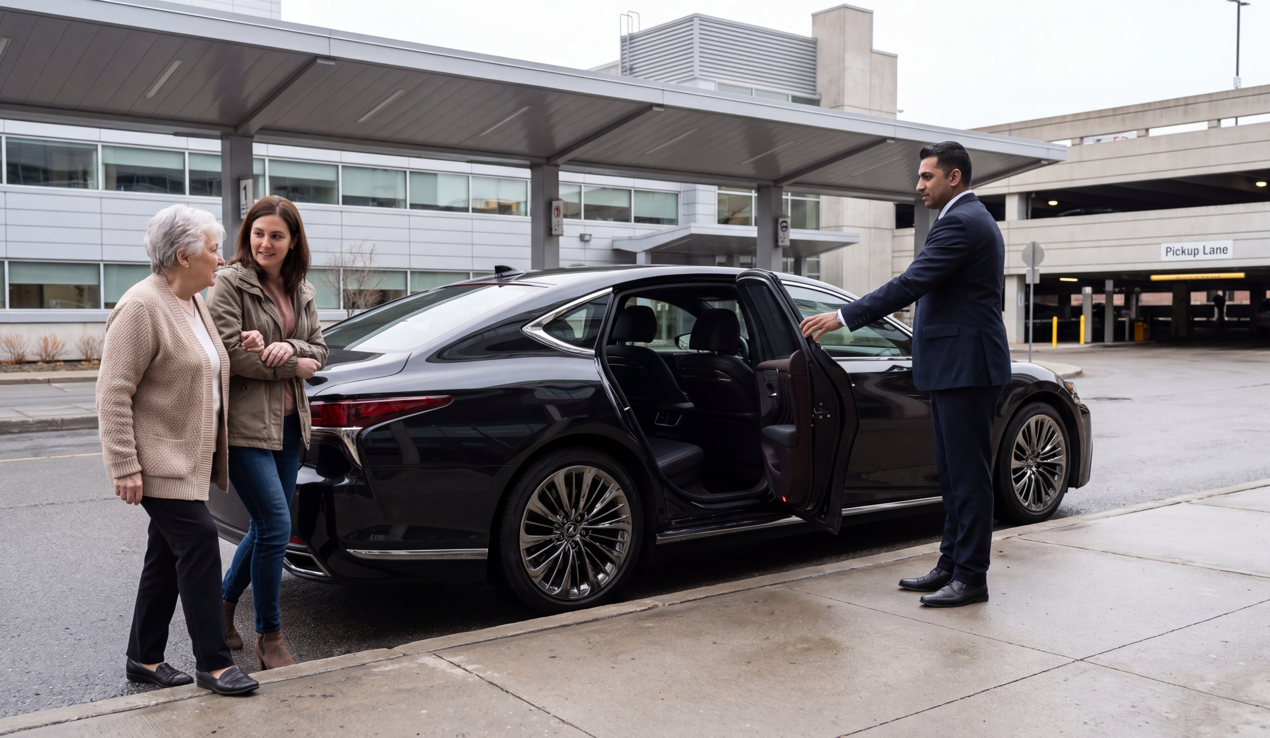 Chauffeuropolis chauffeur holding the rear door of a black car at the kerb for an arriving passenger, day surgery exit family