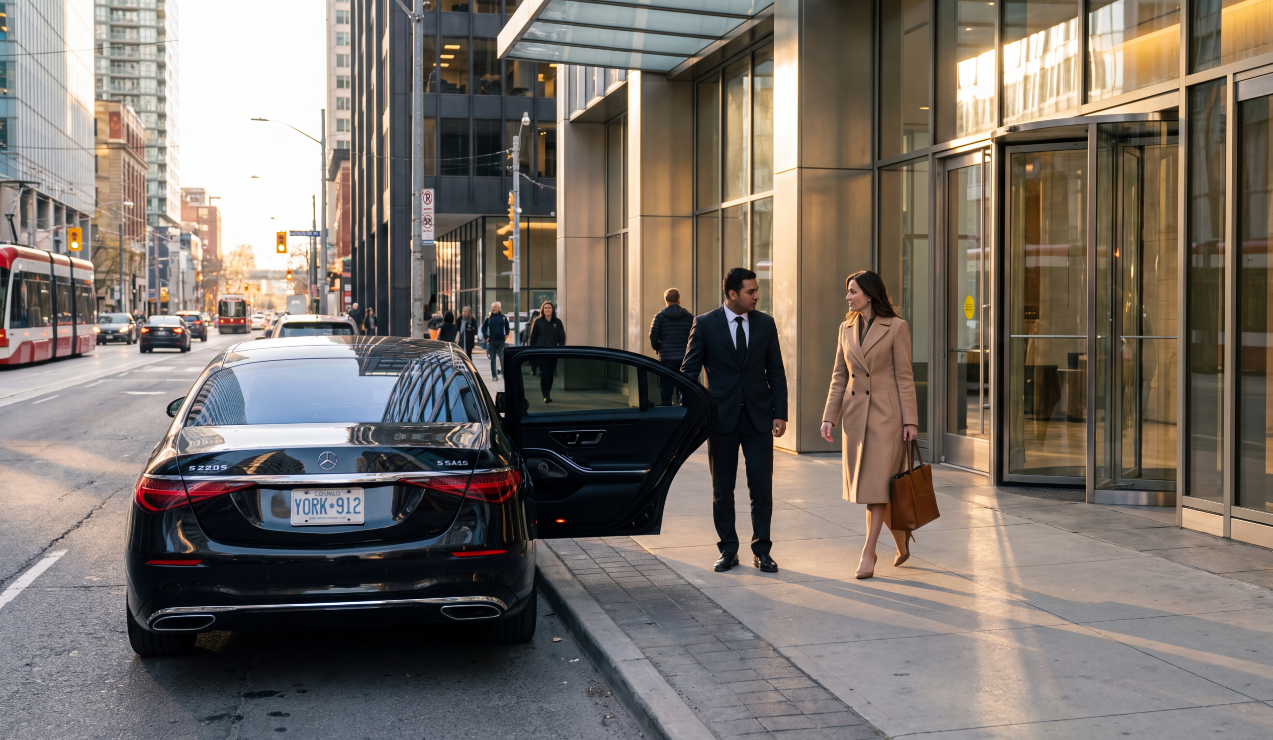 Chauffeuropolis chauffeur holding the rear door of a black car at the kerb for an arriving passenger, executive health clinic tower
