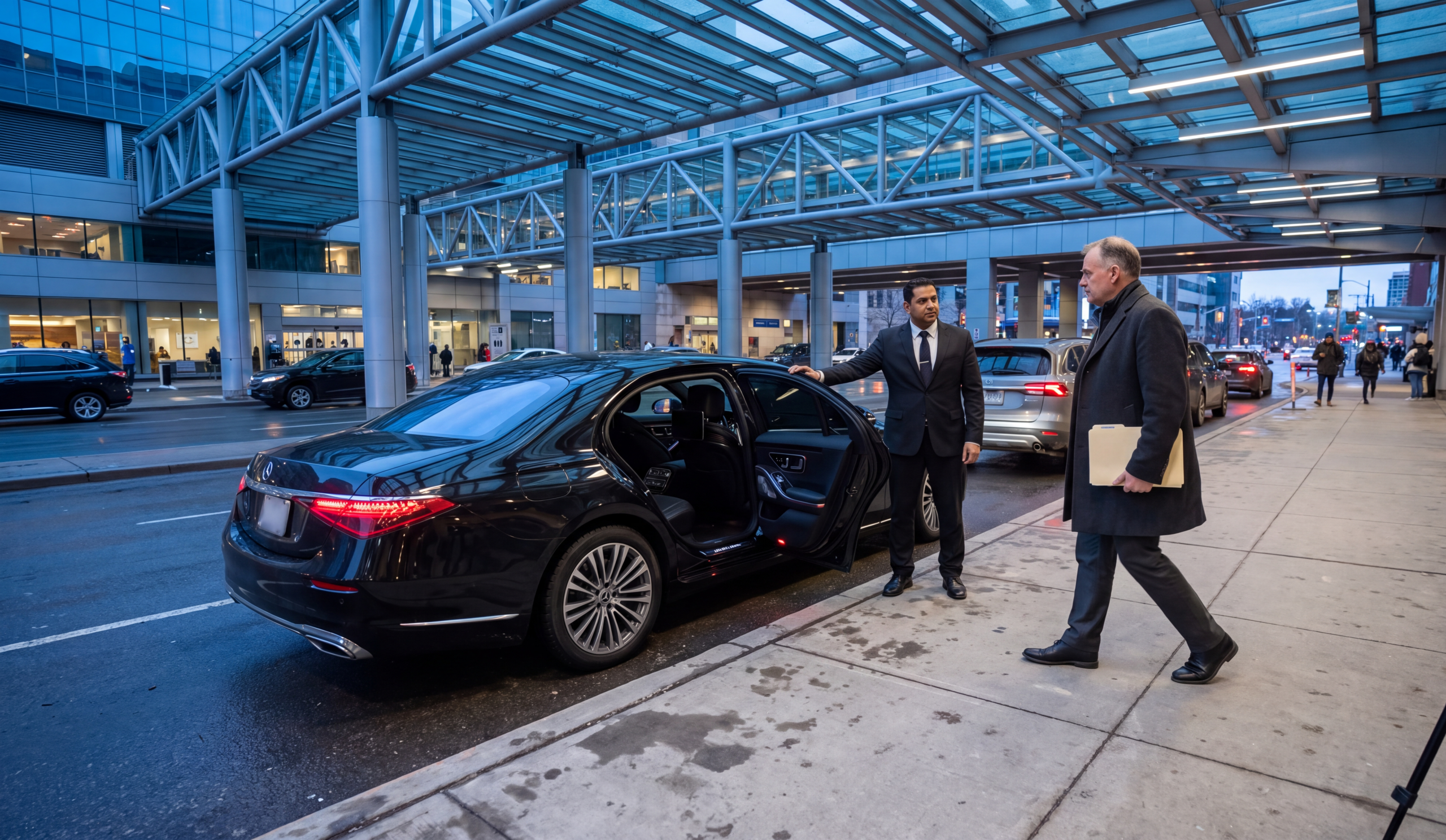 Chauffeuropolis chauffeur holding the rear door of a black car at the kerb for an arriving passenger, hospital main entrance early