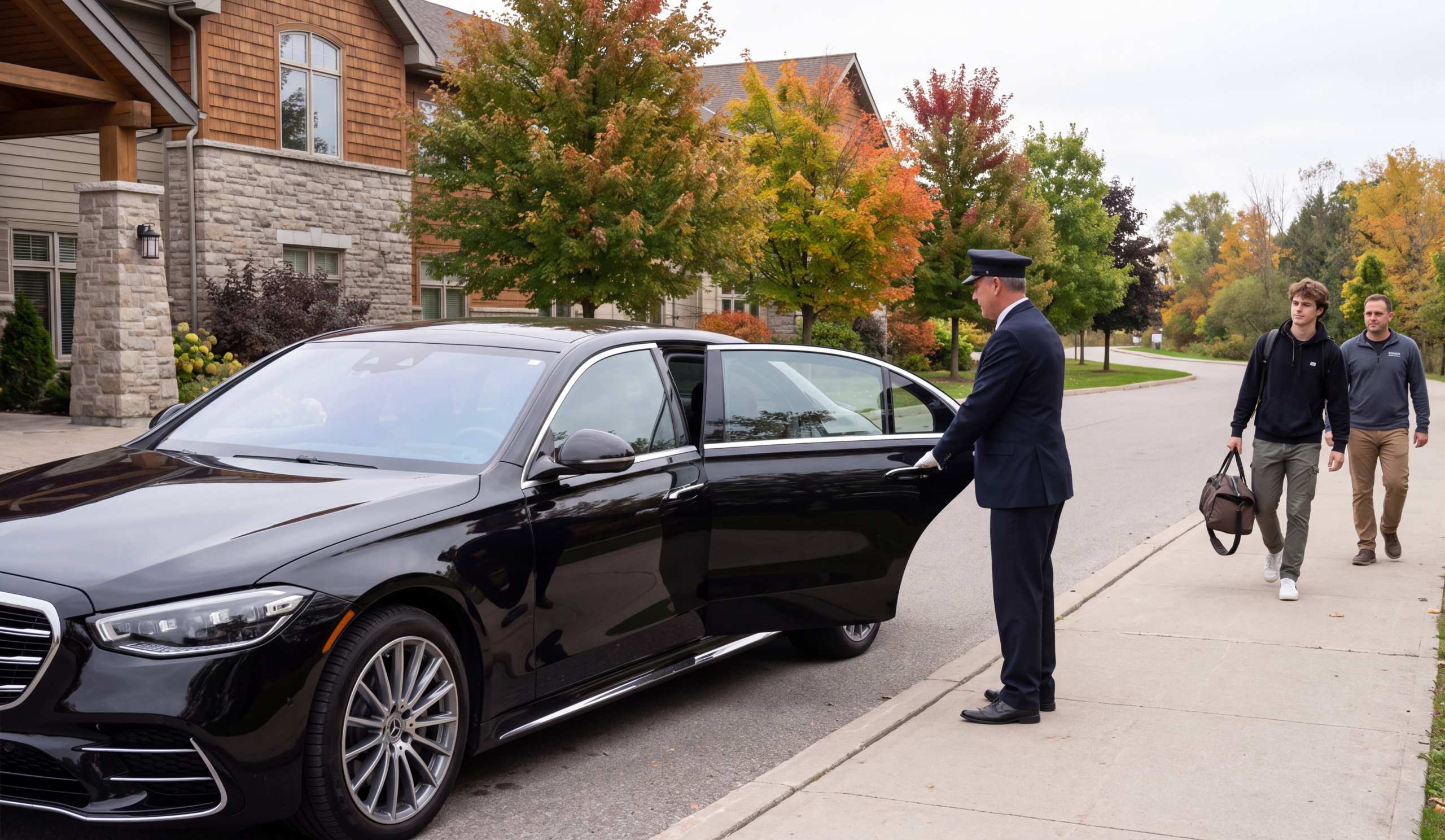 Chauffeuropolis chauffeur holding the rear door of a black car at the kerb for an arriving passenger, rehab centre stone entrance