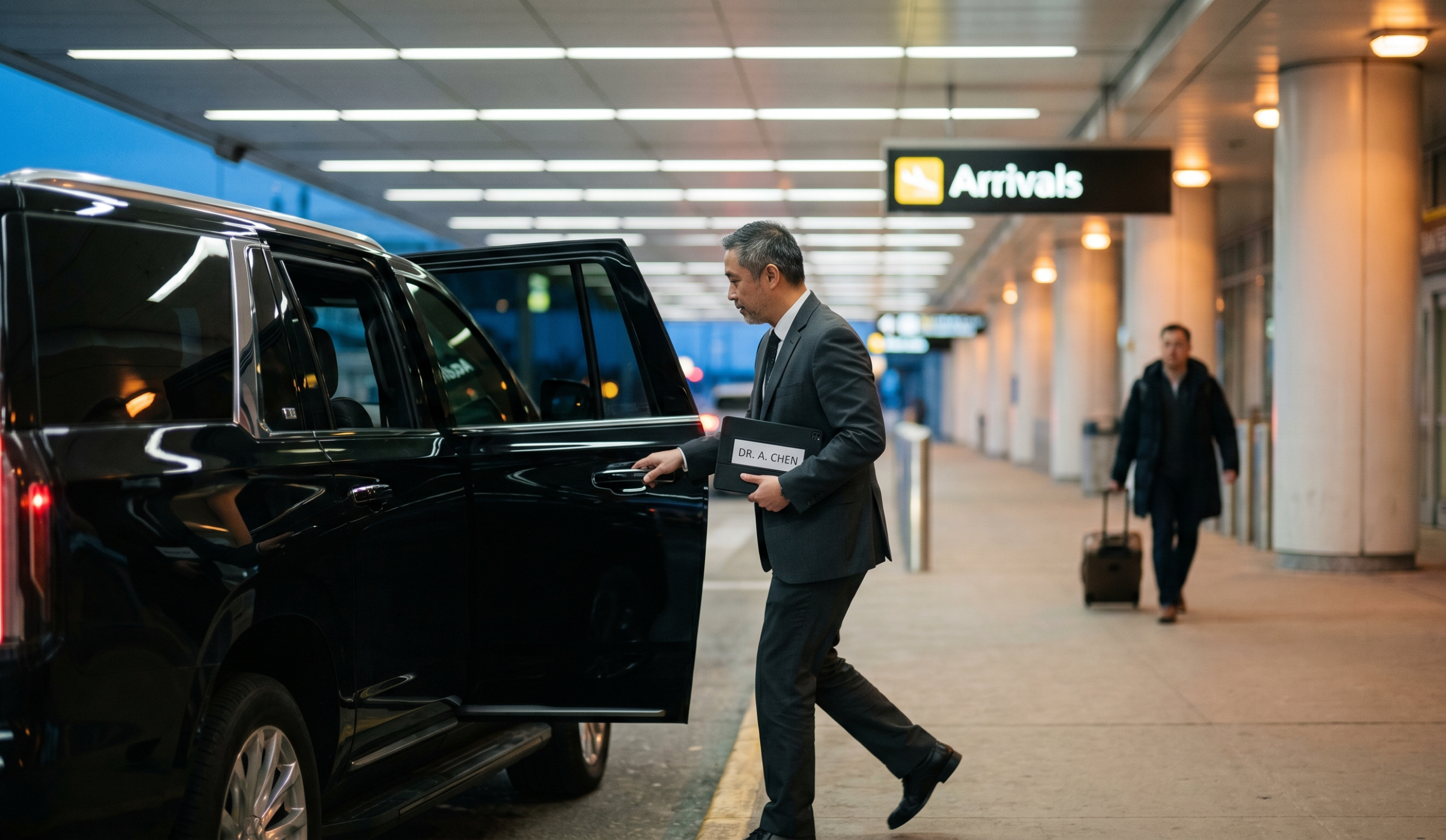 Chauffeuropolis chauffeur holding the rear door of a black car at the kerb for an arriving passenger, airport arrival private pickup