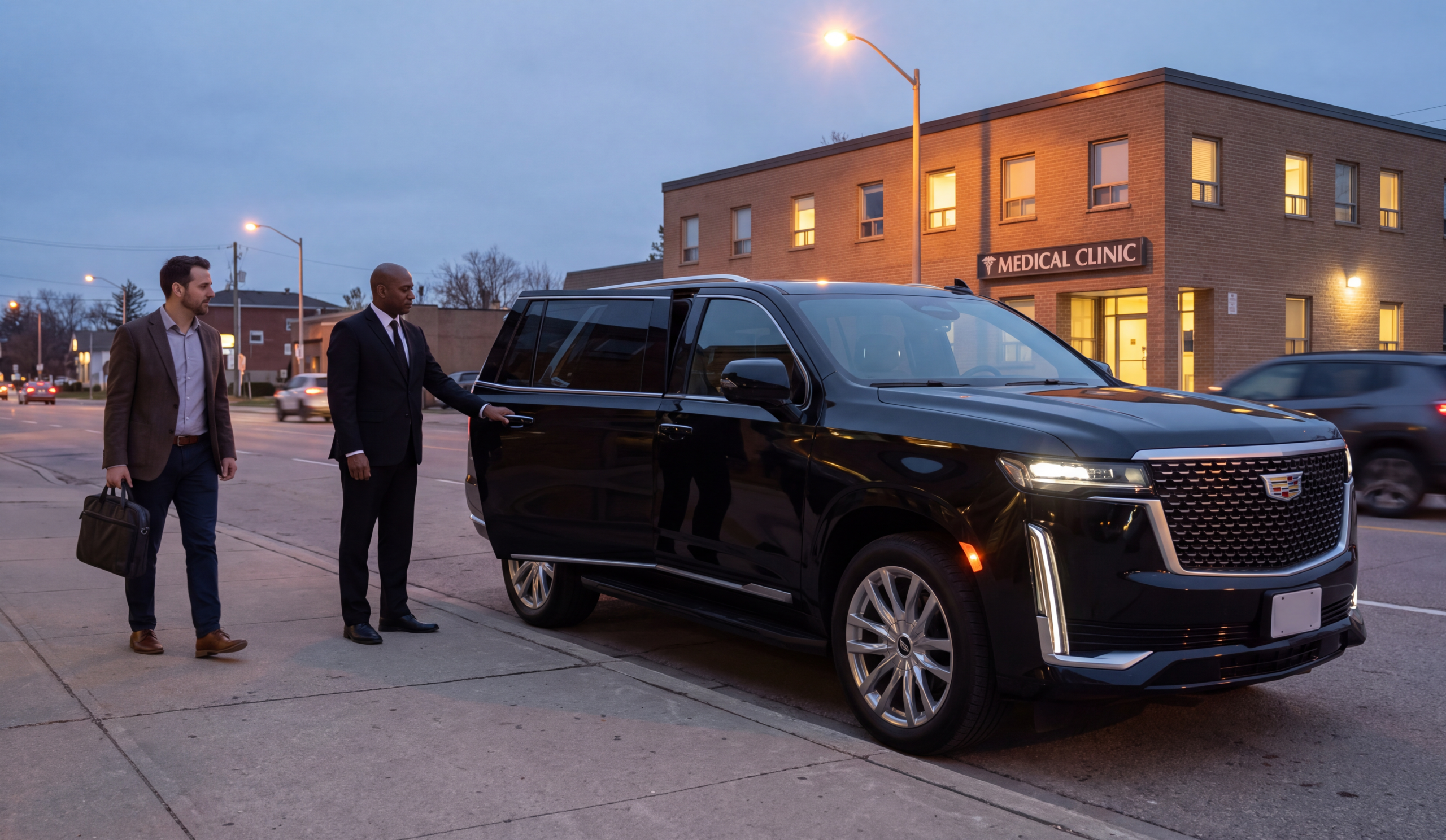 Chauffeuropolis chauffeur holding the rear door of a black car at the kerb for an arriving passenger, aftercare appointment evening