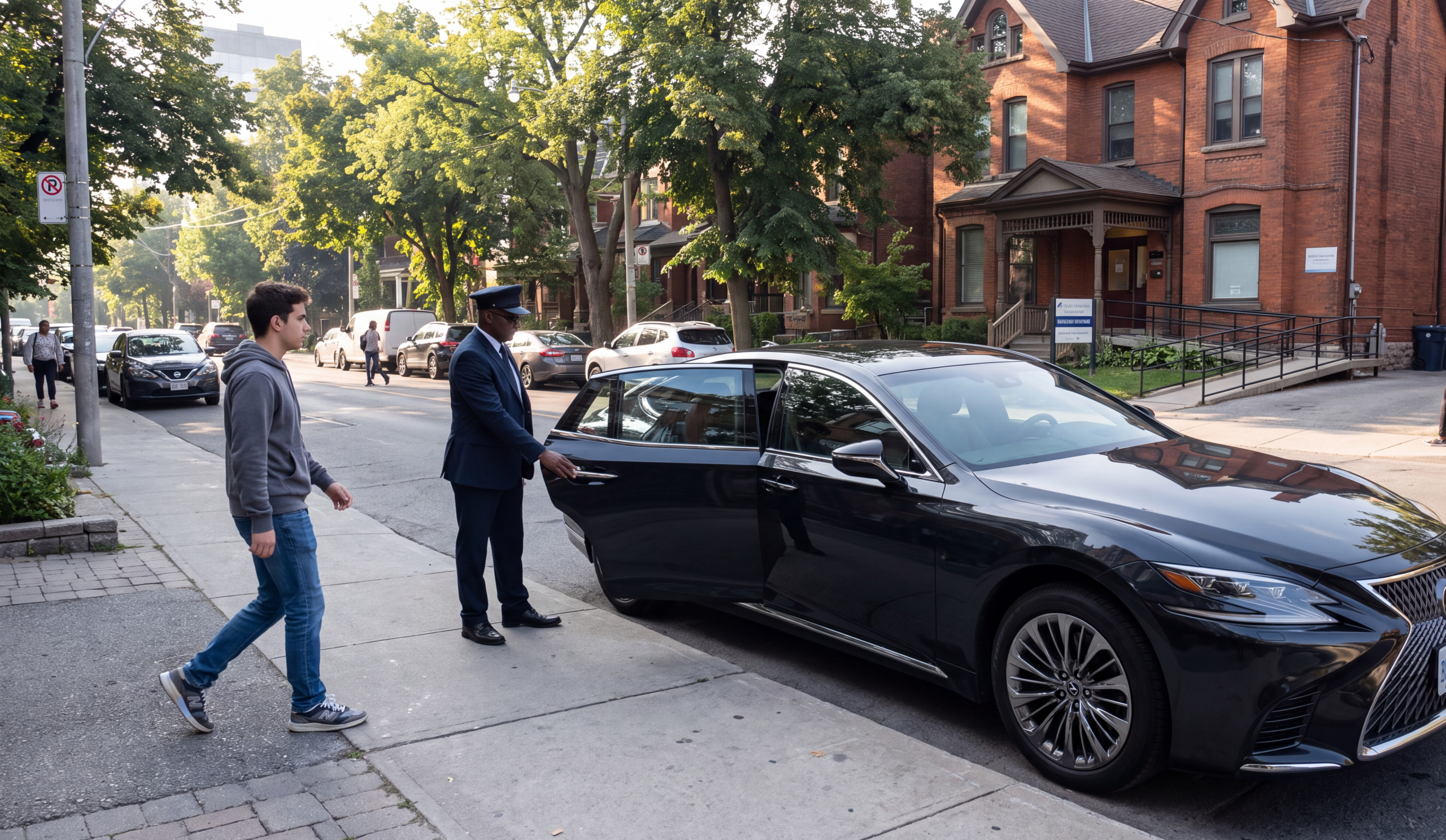 Chauffeuropolis chauffeur holding the rear door of a black car at the kerb for an arriving passenger, outpatient day program morning
