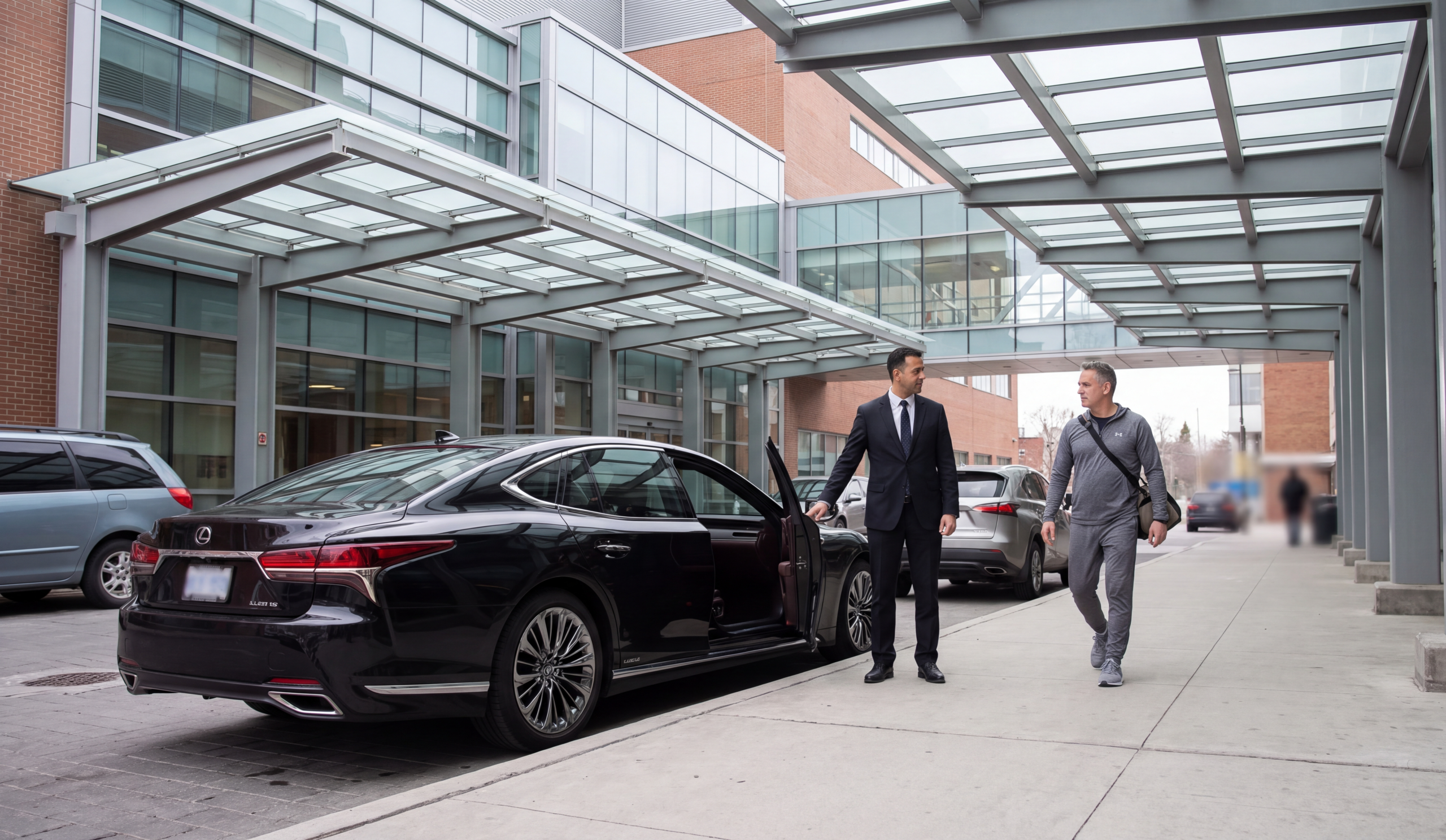 Chauffeuropolis chauffeur holding the rear door of a black car at the kerb for an arriving passenger, physical rehab hospital entrance