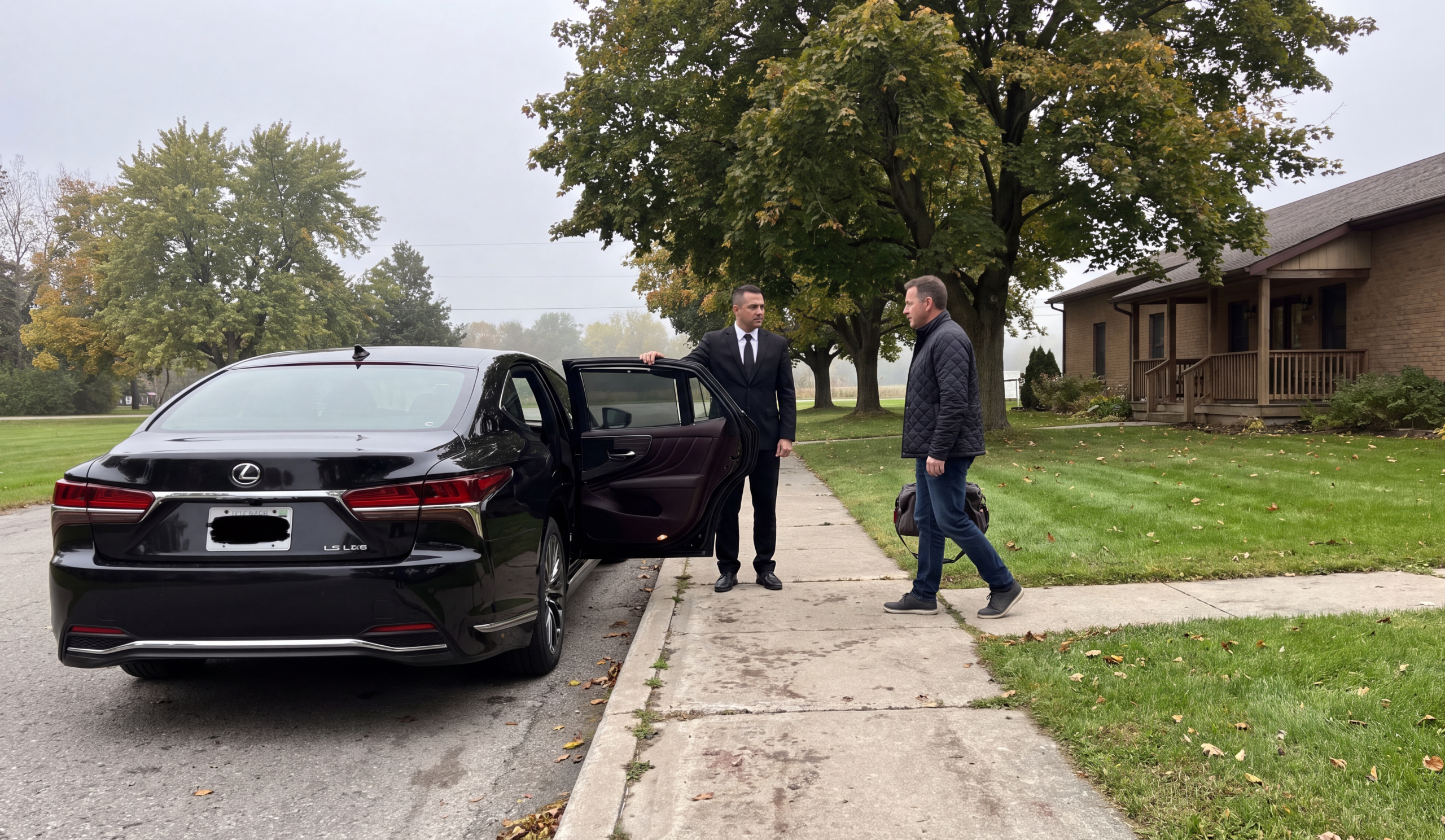 Chauffeuropolis chauffeur holding the open rear door of a black sedan on a treatment centre driveway as a man walks to it