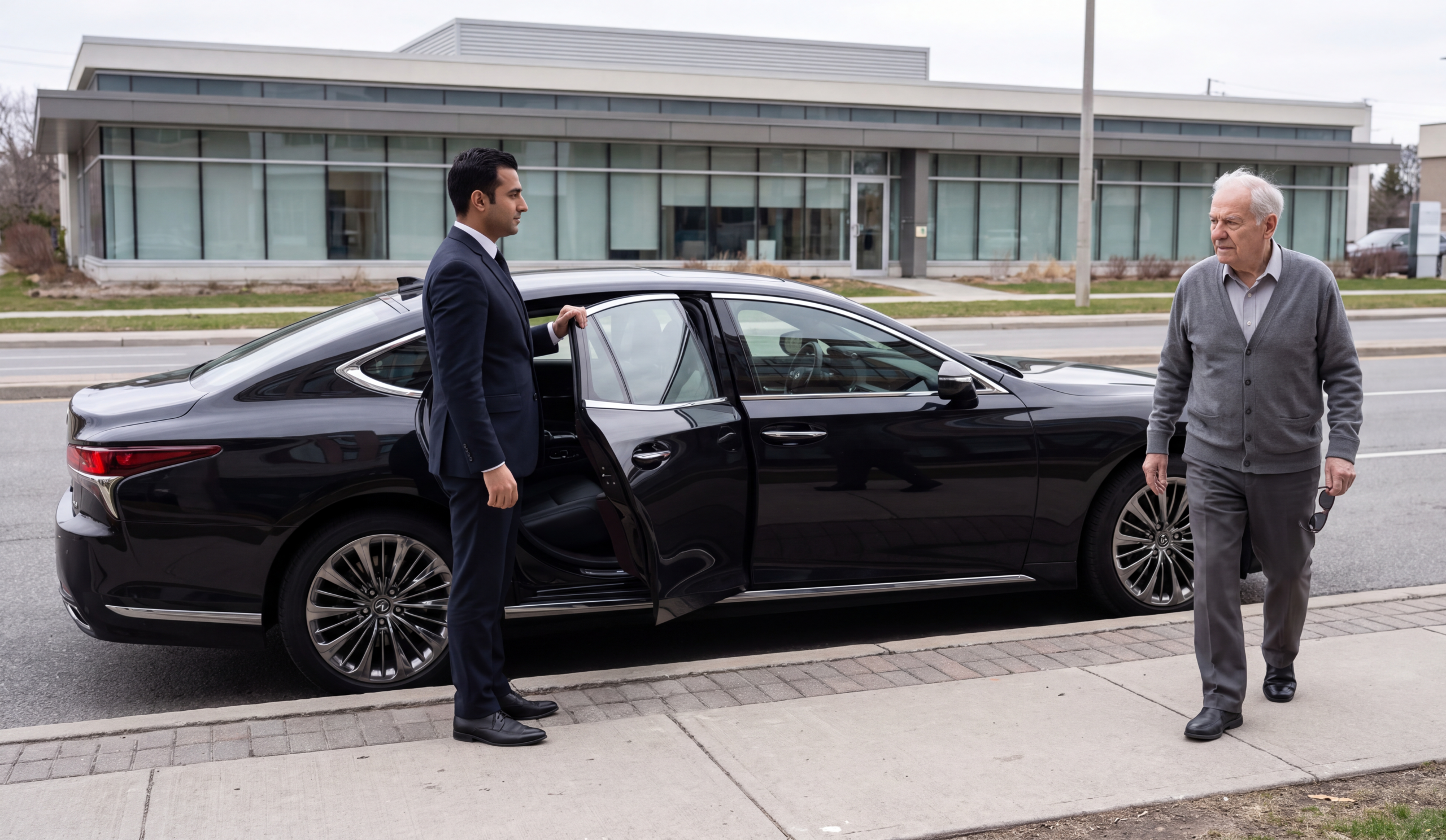 Chauffeuropolis chauffeur holding the rear door of a black car at the kerb for an arriving passenger, eye clinic arrival