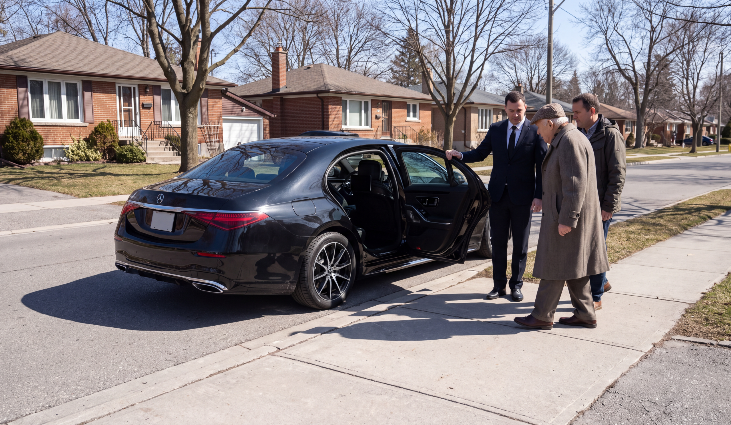 Chauffeuropolis chauffeur holding the open rear door of a black sedan at a suburban home as an elderly man walks to it with his son