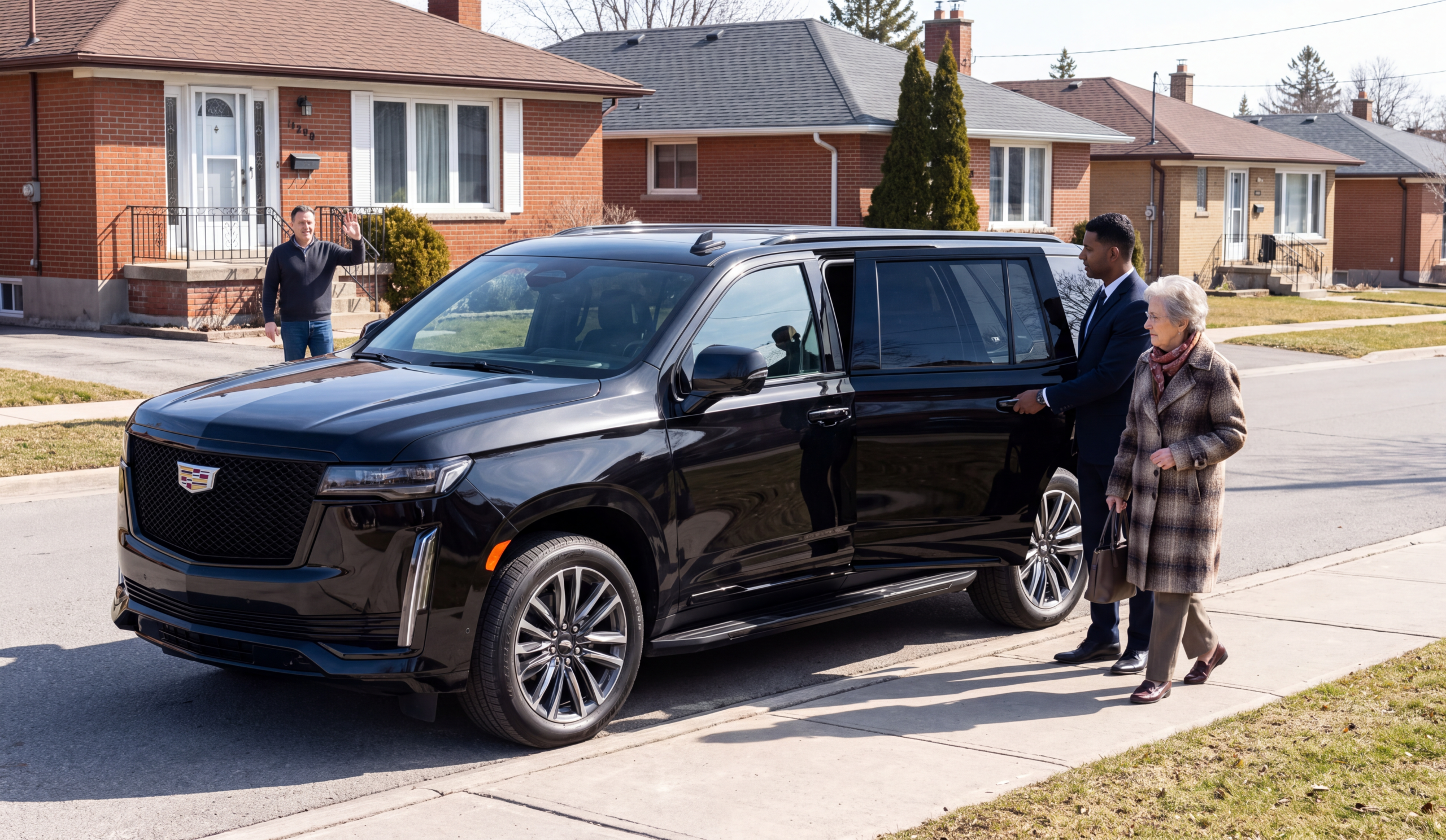 Chauffeuropolis chauffeur holding the rear door of a black car at the kerb for an arriving passenger, home pickup adult son