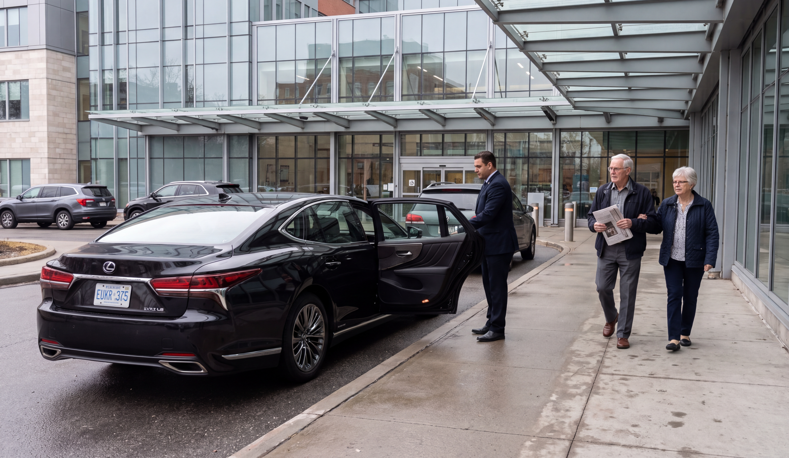 Chauffeuropolis chauffeur holding the rear door of a black car at the kerb for an arriving passenger, hospital geriatric clinic entrance
