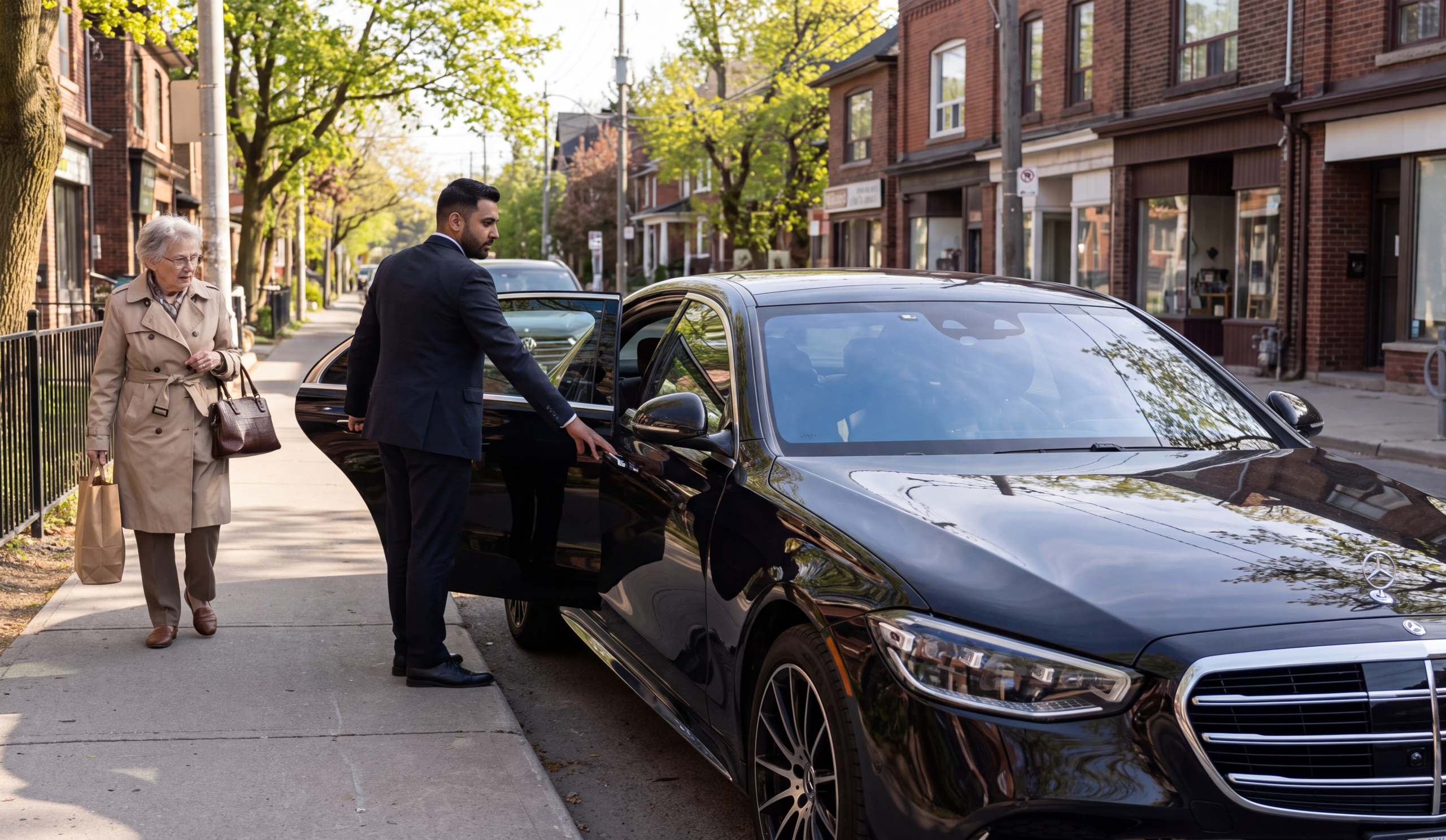 Chauffeuropolis chauffeur holding the rear door of a black car at the kerb for an arriving passenger, pharmacy and bank errands