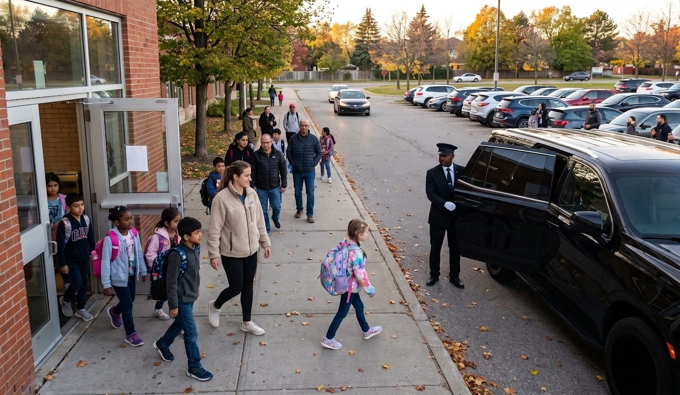 Children leaving an after-school program at a community centre while a chauffeur waits by a black SUV