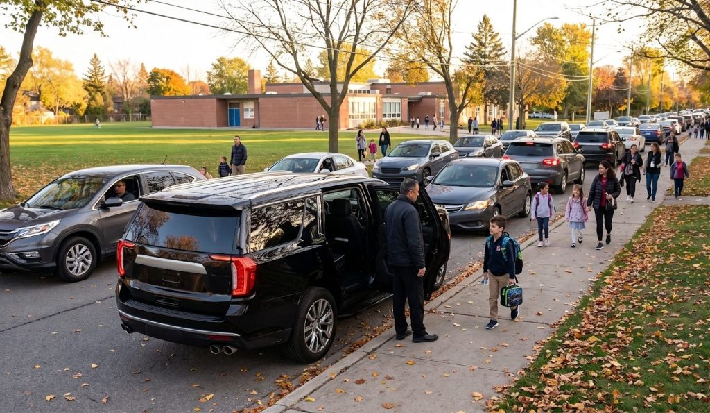 Black SUV in an elementary school pickup line as a boy with a backpack walks to the chauffeur at the open door