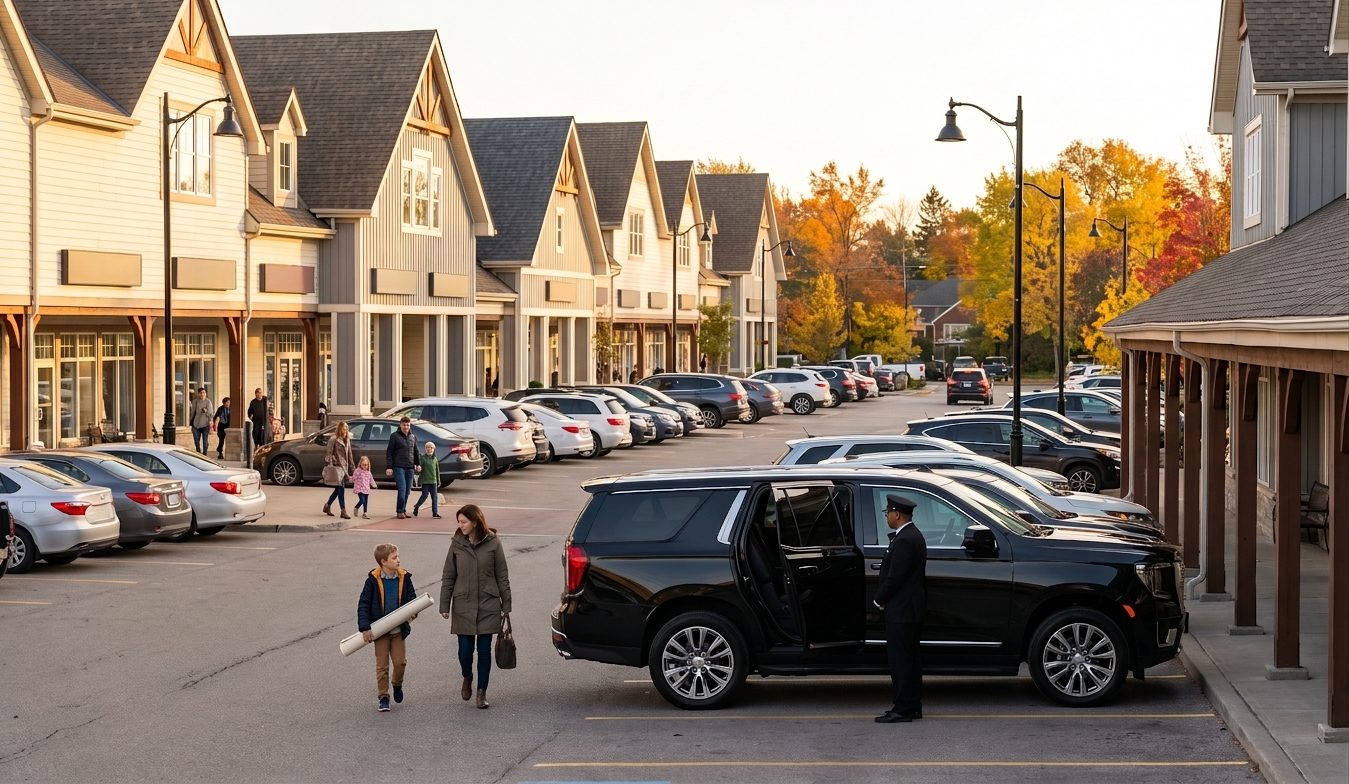 A driver for kids in Burlington, the same one every week 3 Boy carrying his painting from an art class in a Burlington plaza to a waiting black SUV