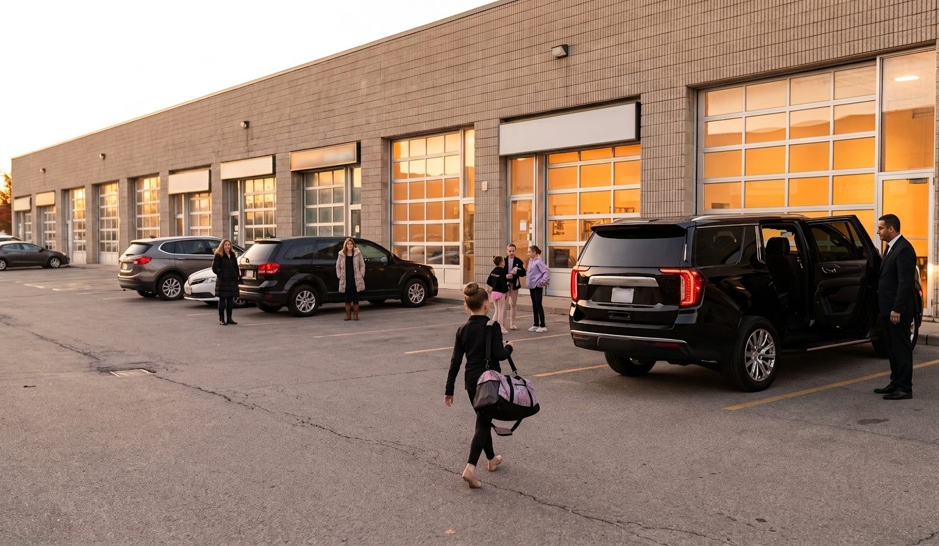 A driver for kids in Burlington, the same one every week 4 Girl with a dance bag walking out of a studio unit plaza off Appleby Line toward a black SUV at dusk