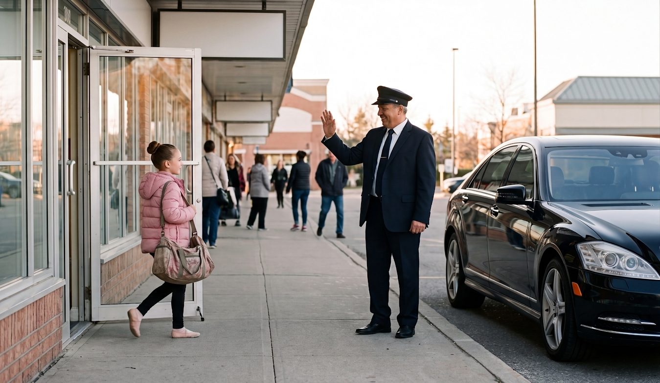A driver for kids in Burlington, the same one every week 6 Chauffeur in a cap waving hello to a girl leaving dance class, black sedan at the plaza walkway
