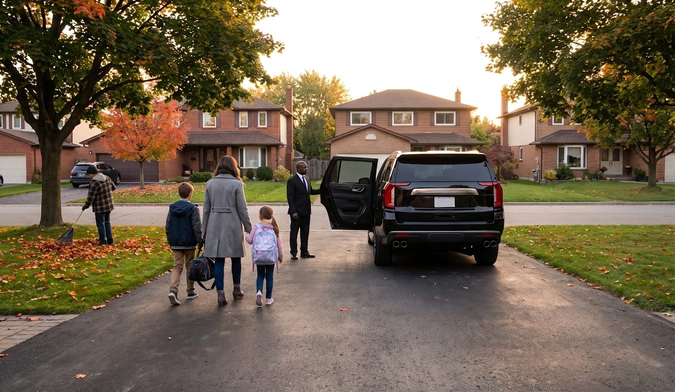 A driver for kids in Burlington, the same one every week 1 Nanny and two children walking down a Burlington driveway to a black SUV with the chauffeur at the open door