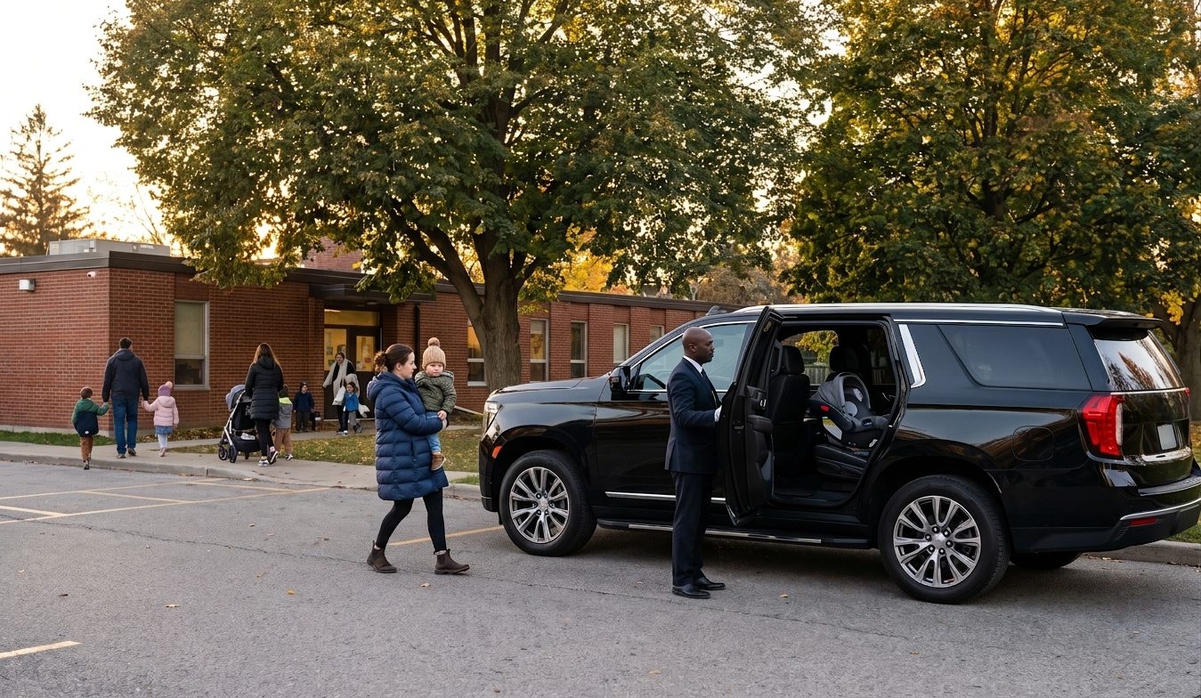 A driver for kids in Burlington, the same one every week 5 Nanny carrying a toddler to a black SUV with an infant car seat fitted, outside a Burlington preschool