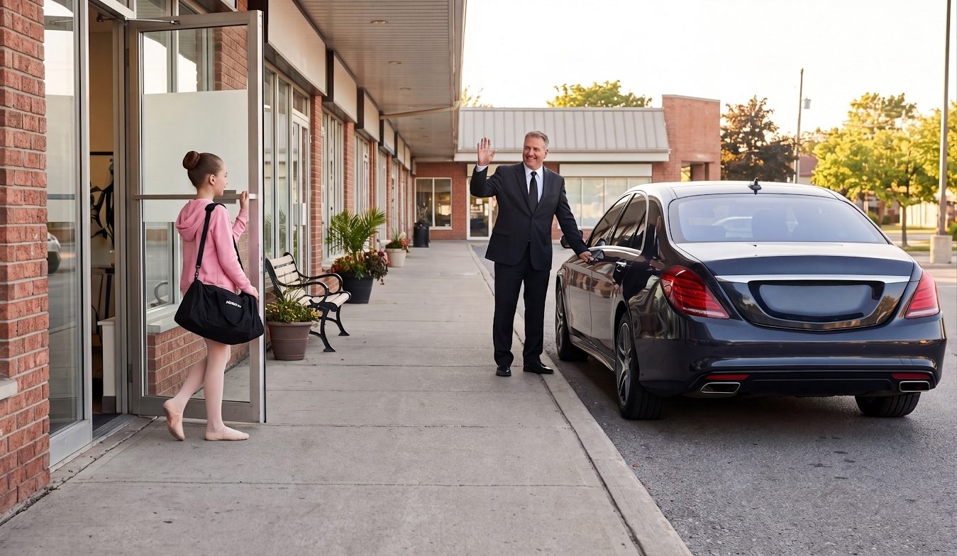 A driver for kids in Burlington, the same one every week 11 Chauffeur waving as a girl steps out of a dance studio door, black sedan waiting