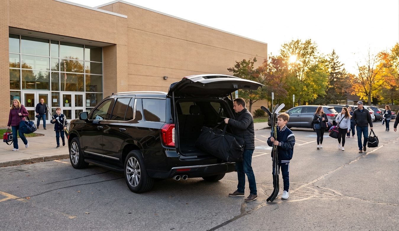 A driver for kids in Burlington, the same one every week 9 Chauffeur loading a hockey bag into a black SUV outside a community arena while a boy holds his sticks