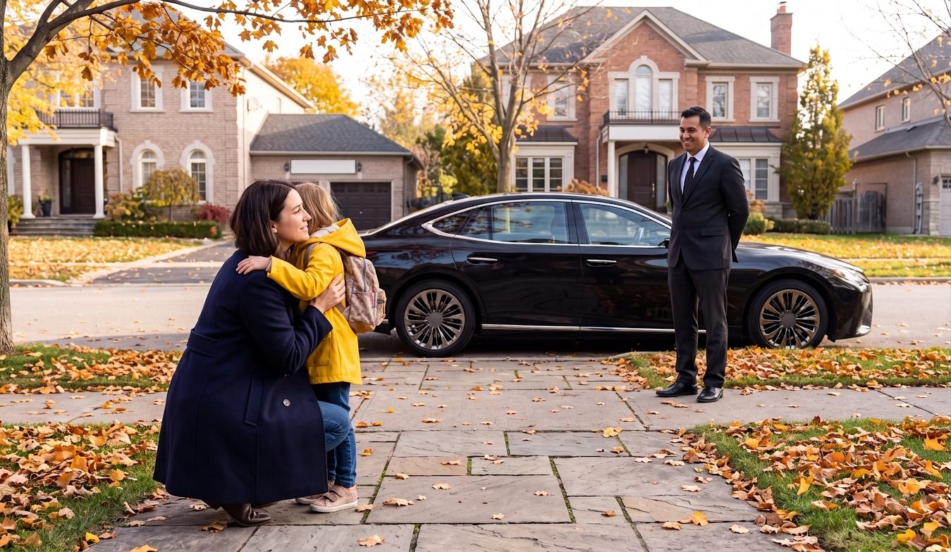A driver for kids in Burlington, the same one every week 7 Mother hugging her daughter goodbye on the walkway while a chauffeur waits beside a black sedan on a leafy Oakville street