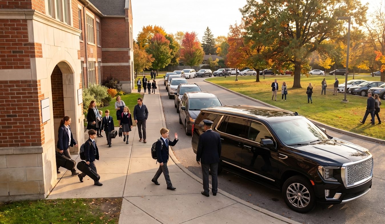 A driver for kids in Burlington, the same one every week 8 Private school afternoon pickup lane with a black SUV in line and a boy in a school blazer waving to the chauffeur