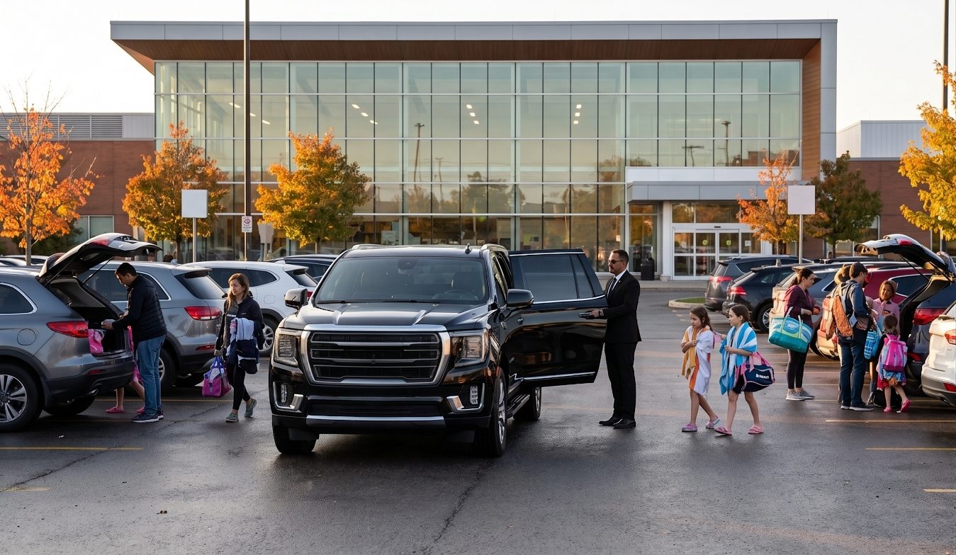 A driver for kids in Burlington, the same one every week 10 Children with swim bags and towels walking to a black SUV outside a recreation centre